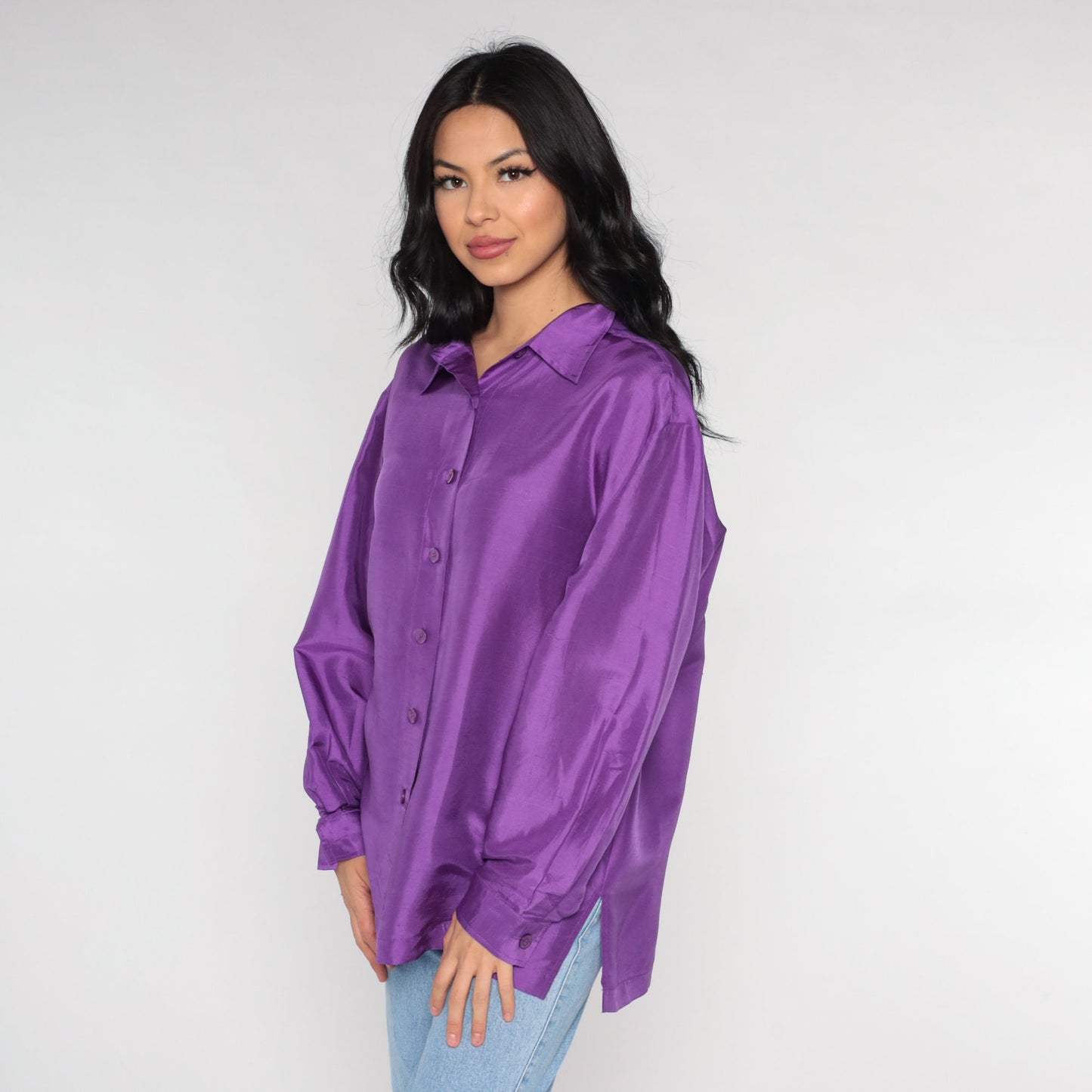 90s Purple Silk Button-Up Blouse Long Sleeve Collared Shirt Large L