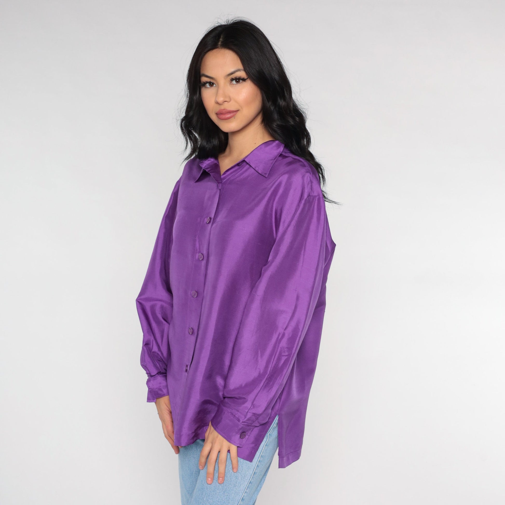 90s Purple Silk Button-Up Blouse Long Sleeve Collared Shirt Large L