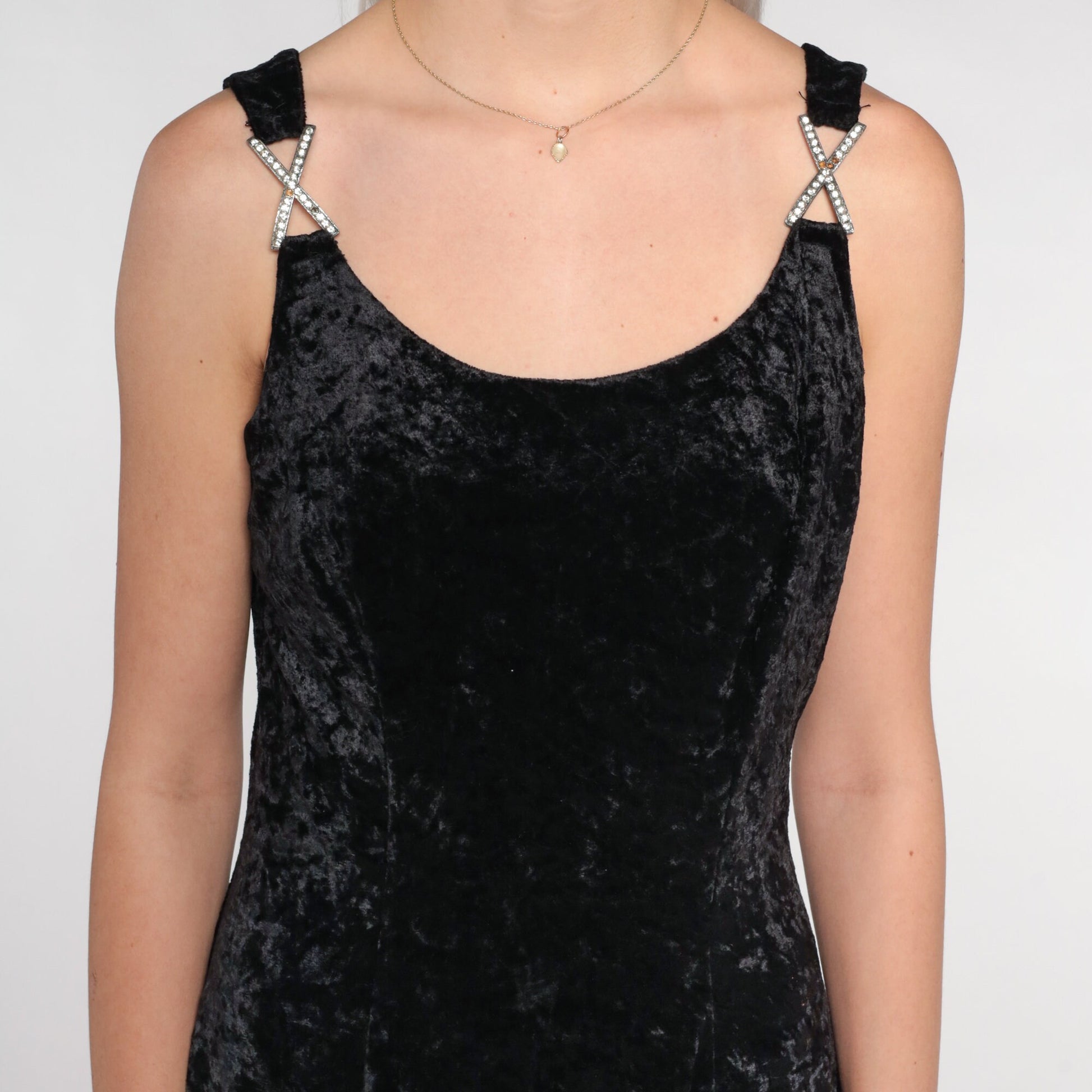90s Black Velvet Mini Dress Rhinestone Buckle Sleeveless Skater Medium M