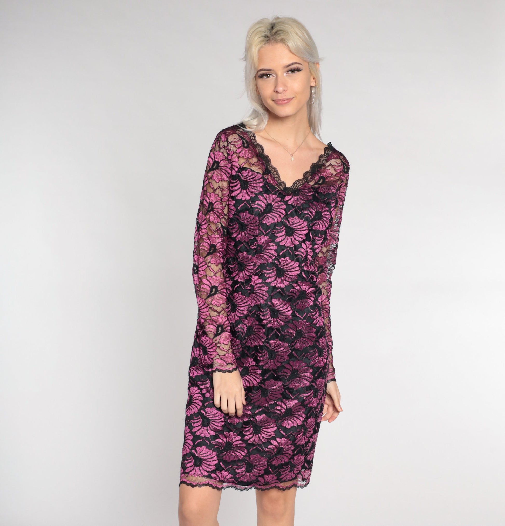 90s Black Metallic Fuchsia Floral Lace Mini Dress V Neck Low Back Medium