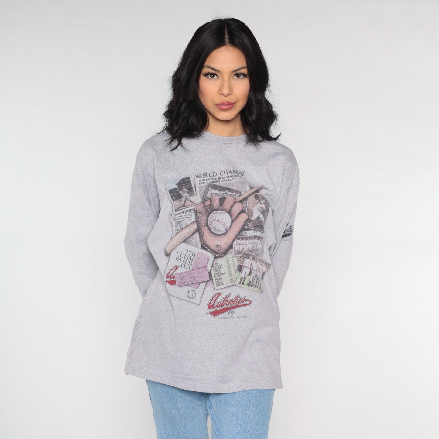 90s Northern Reflections Baseball Long Sleeve T-Shirt Grey Graphic Large