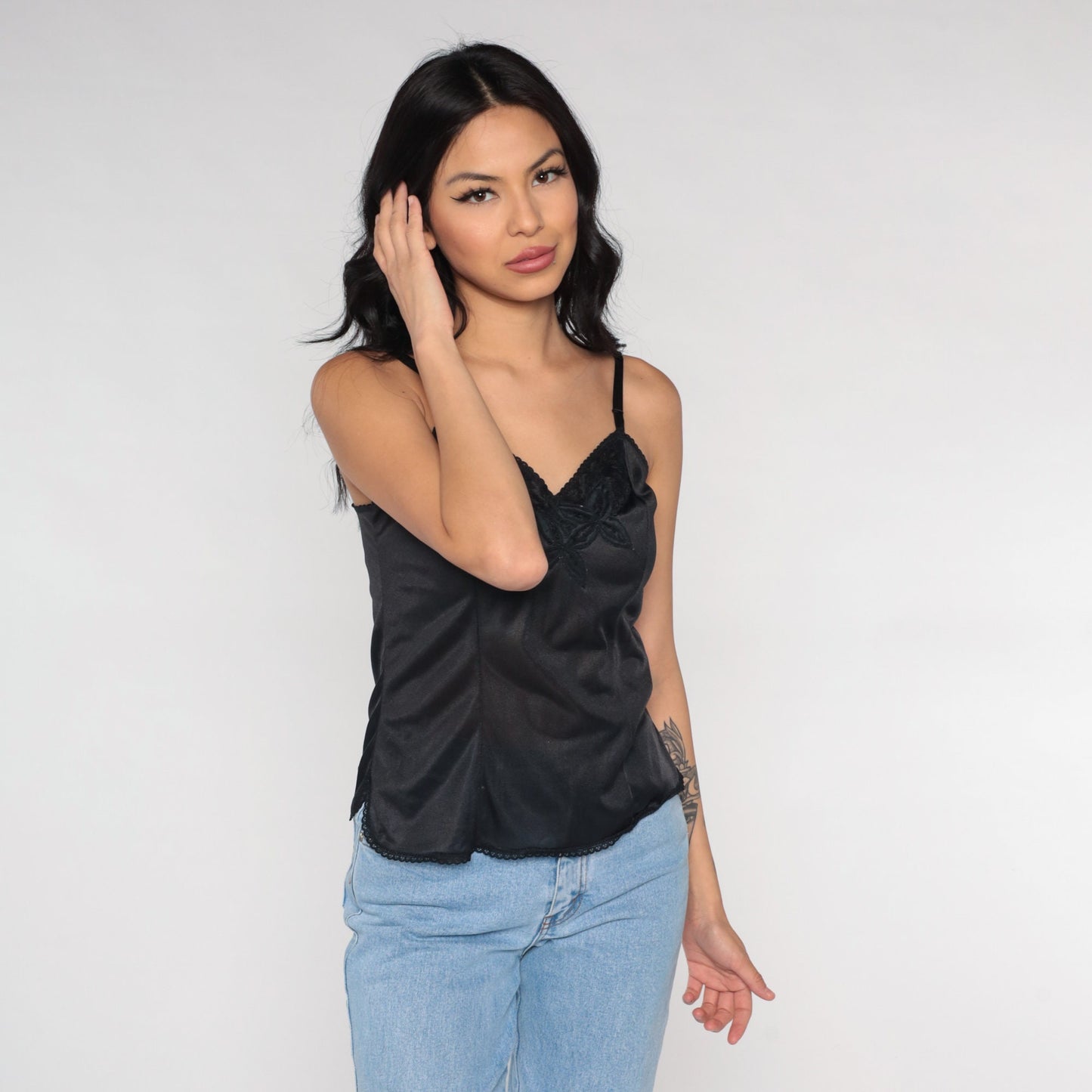 70s Black Camisole Lace Trim Nylon Cami Lingerie Top Small