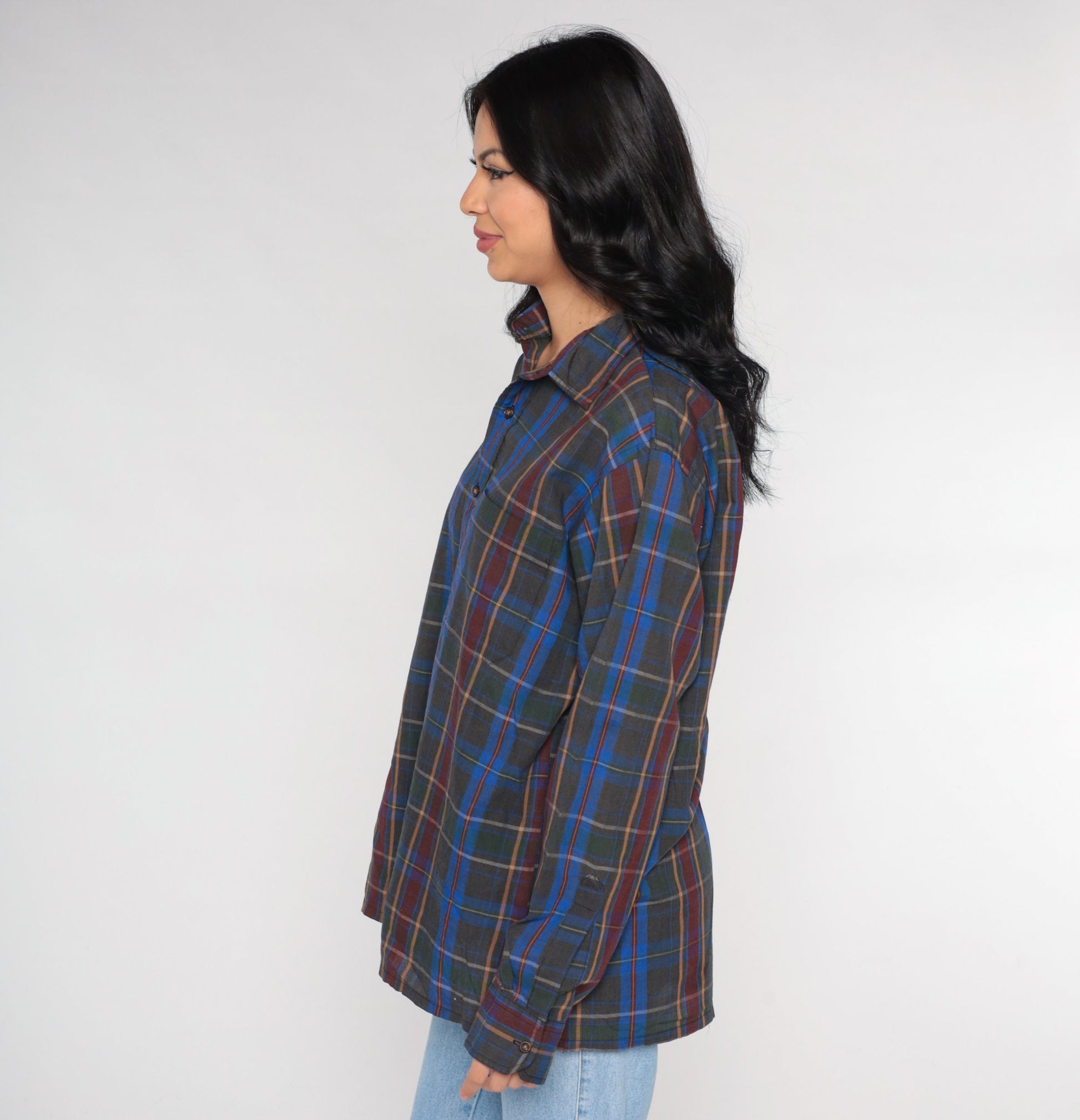 90s Grey Blue Plaid Button-Up Shirt Long Sleeve Mens Large L