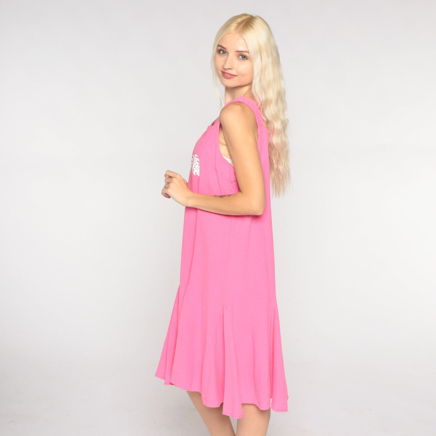 Y2K Pink Tropical Leaf Tank Dress Knee-Length Cotton Medium M