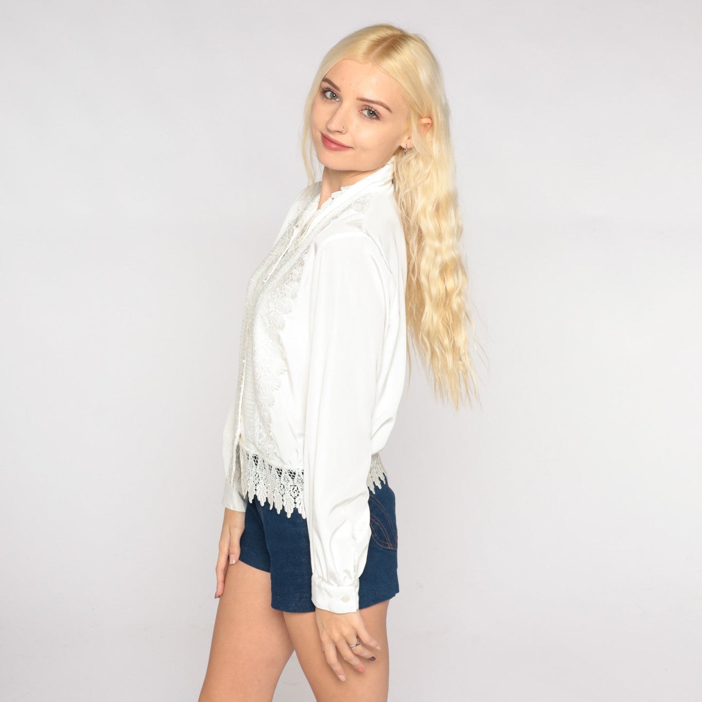 00s White Lace Floral Overlay Blouse Long Sleeve Button Up Medium M