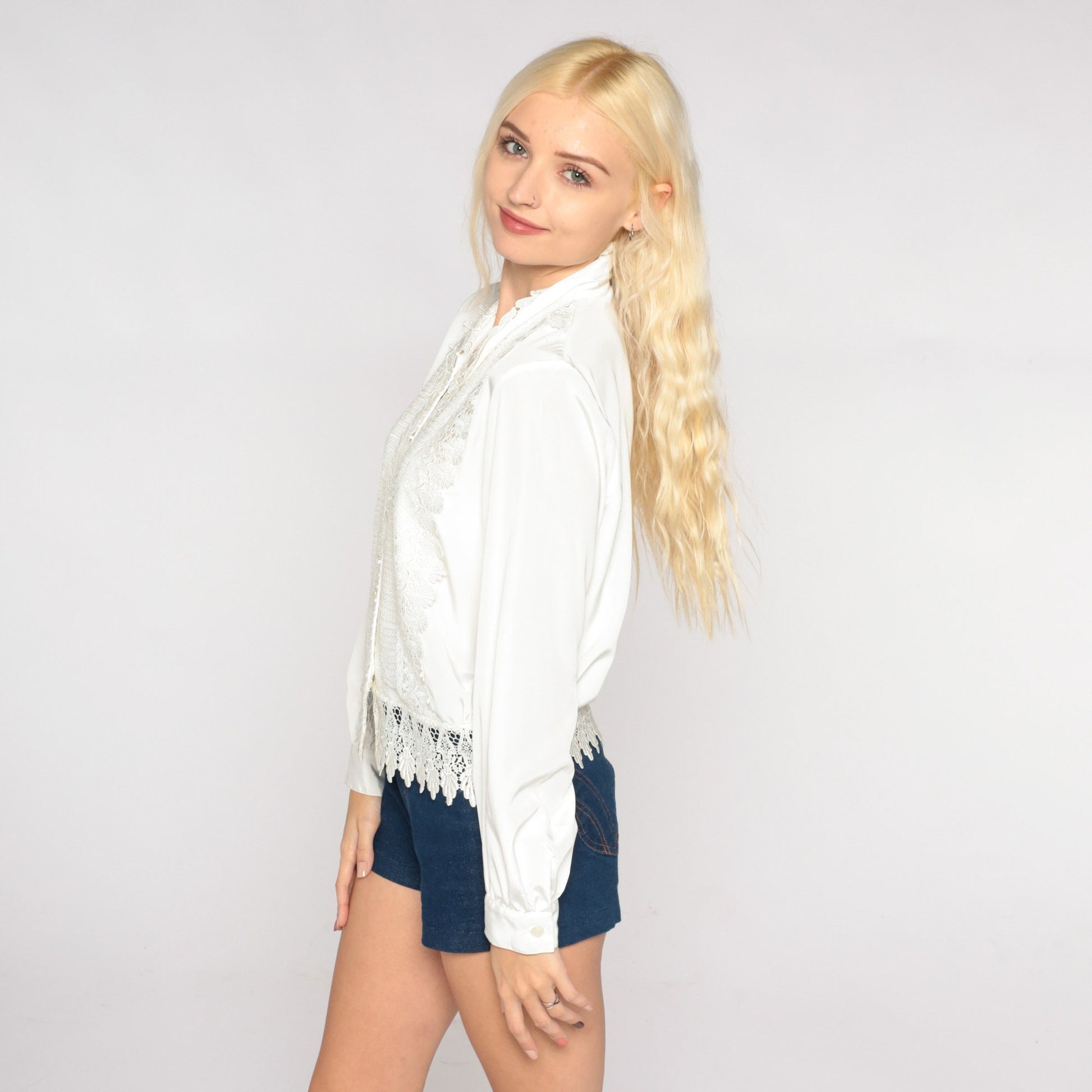 00s White Lace Floral Overlay Blouse Long Sleeve Button Up Medium M