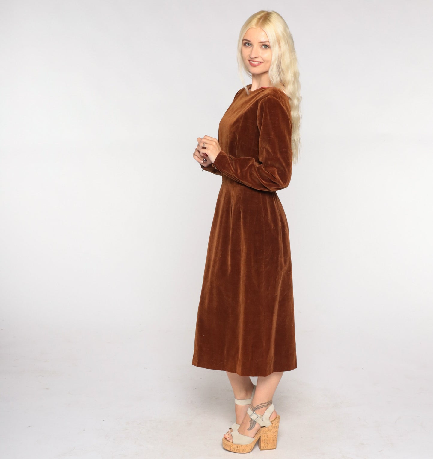 60s Brown Velvet Midi Dress Long Sleeve High Waist Low Back Small