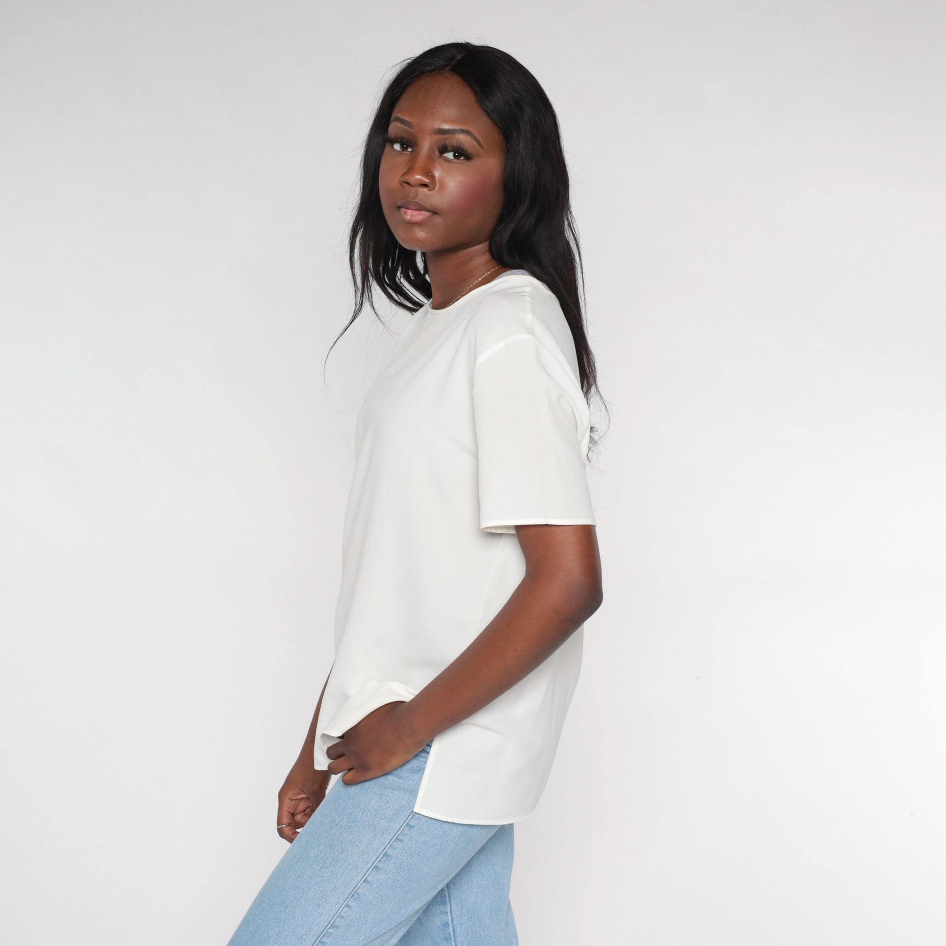 80s White Short Sleeve Blouse Keyhole Back Button Large L