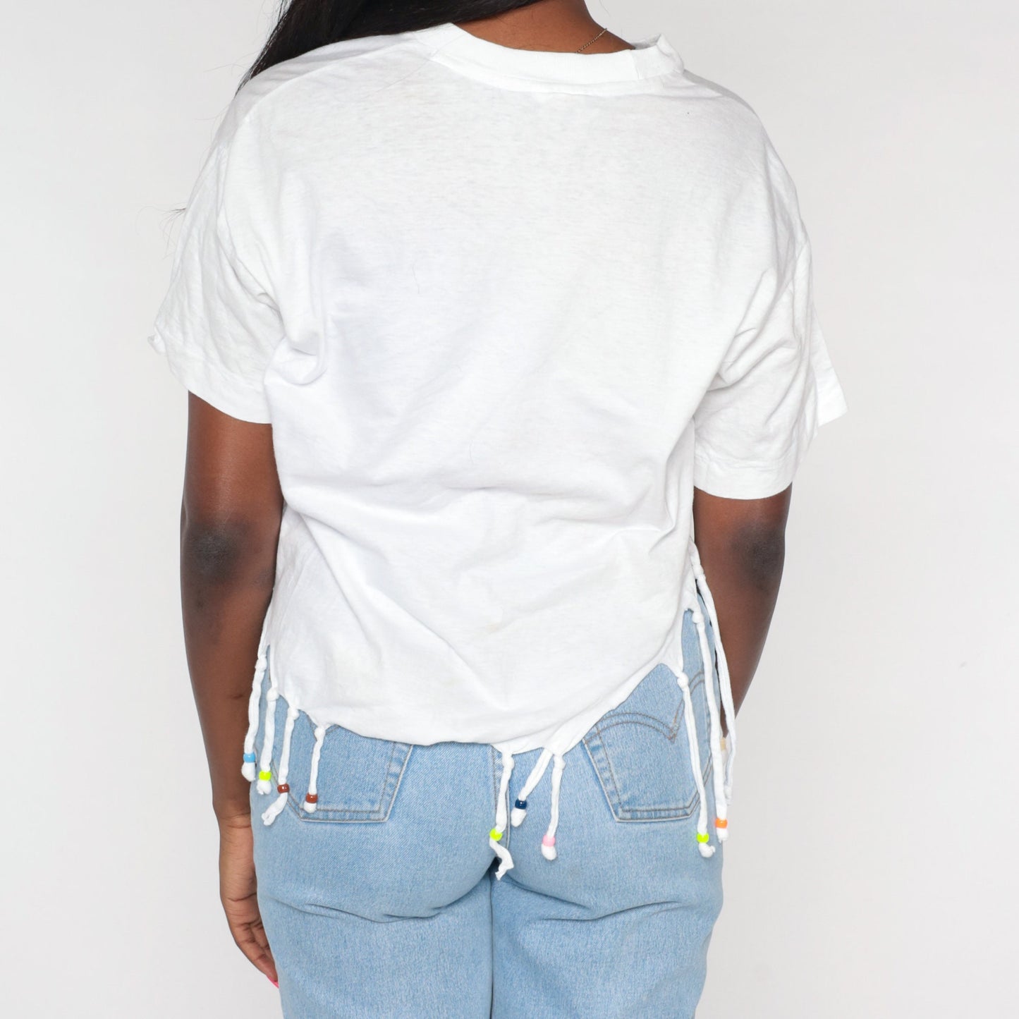 90s Caribbean Market St. Martin Graphic T-Shirt Beaded Fringe White Medium Large