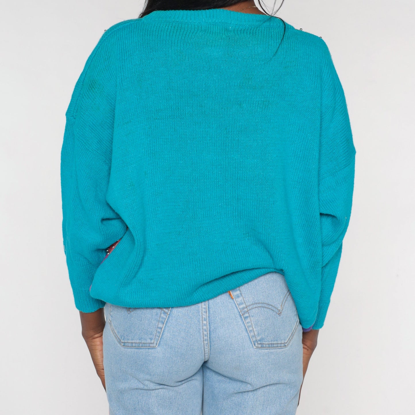 90s Geometric Beaded Sweater Turquoise Blue Abstract Knit Pullover XXL