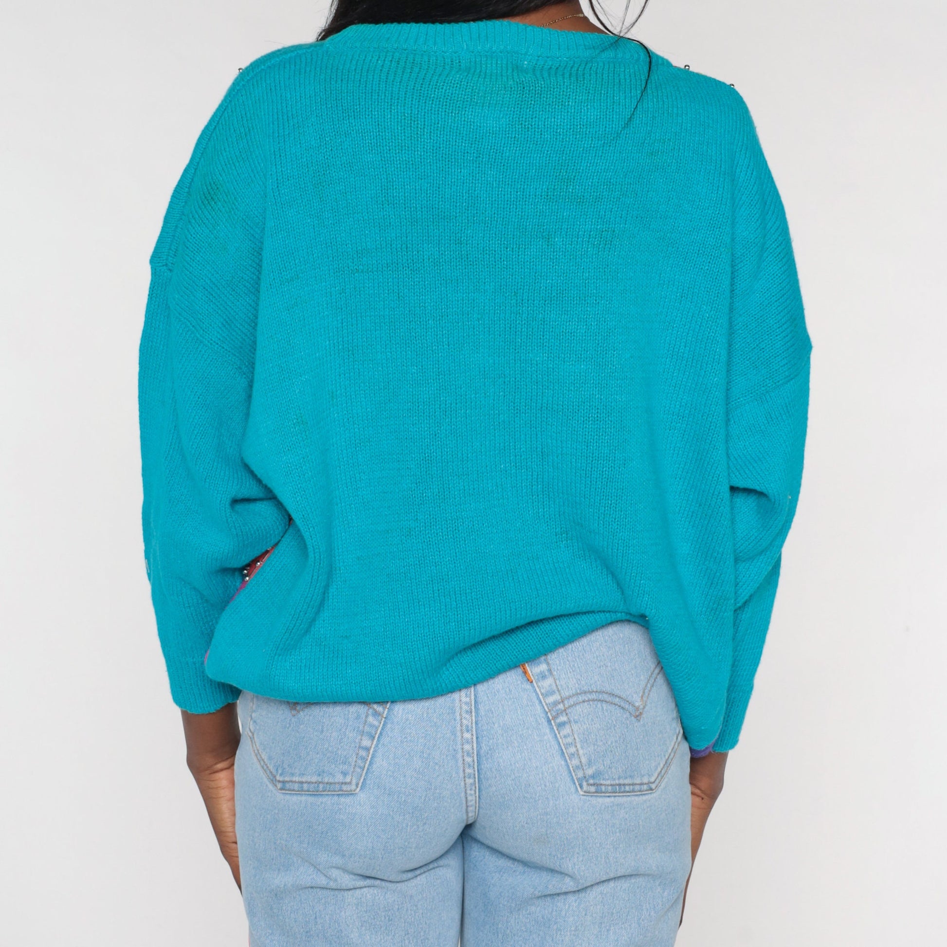 90s Geometric Beaded Sweater Turquoise Blue Abstract Knit Pullover XXL
