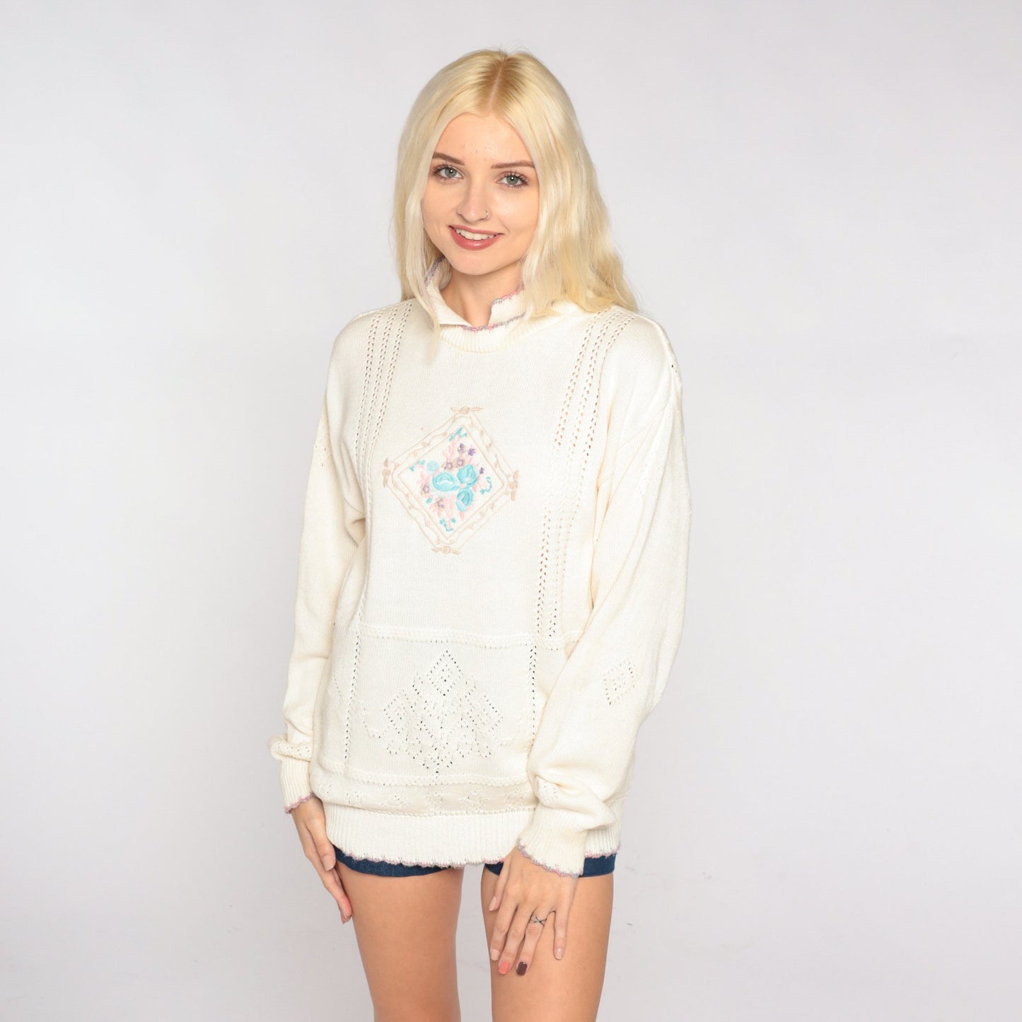 90s White Pointelle Knit Sweater Floral Embroidered Collared Pullover Medium M