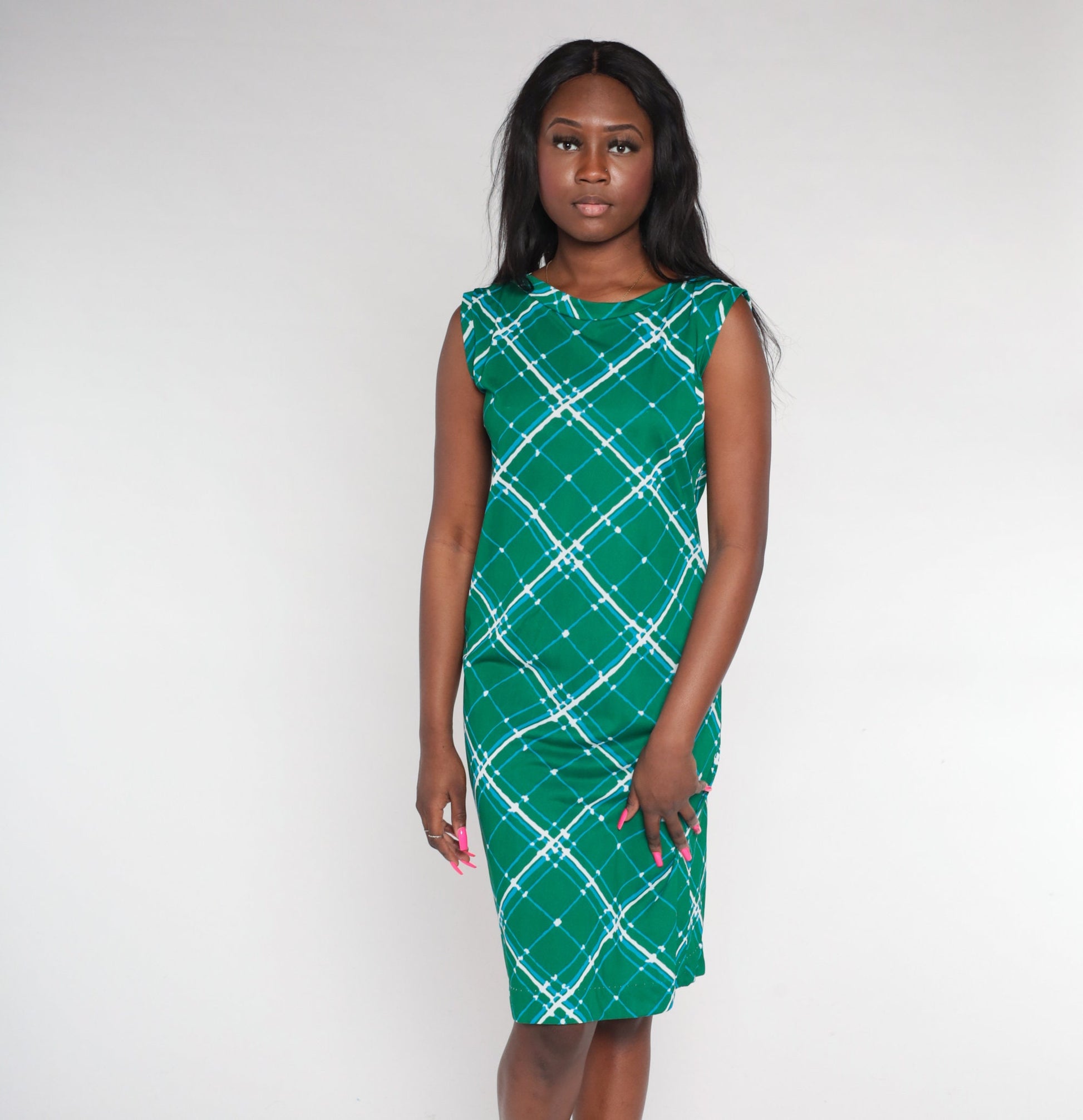70s Green Lattice Print Shift Dress Sleeveless Mini A-Line Medium