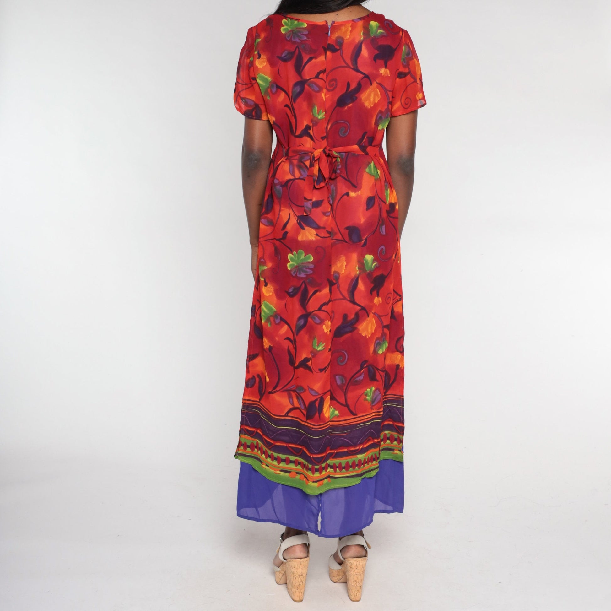 90s Red Floral Midi Dress Purple Layered Hem Short Sleeve Medium