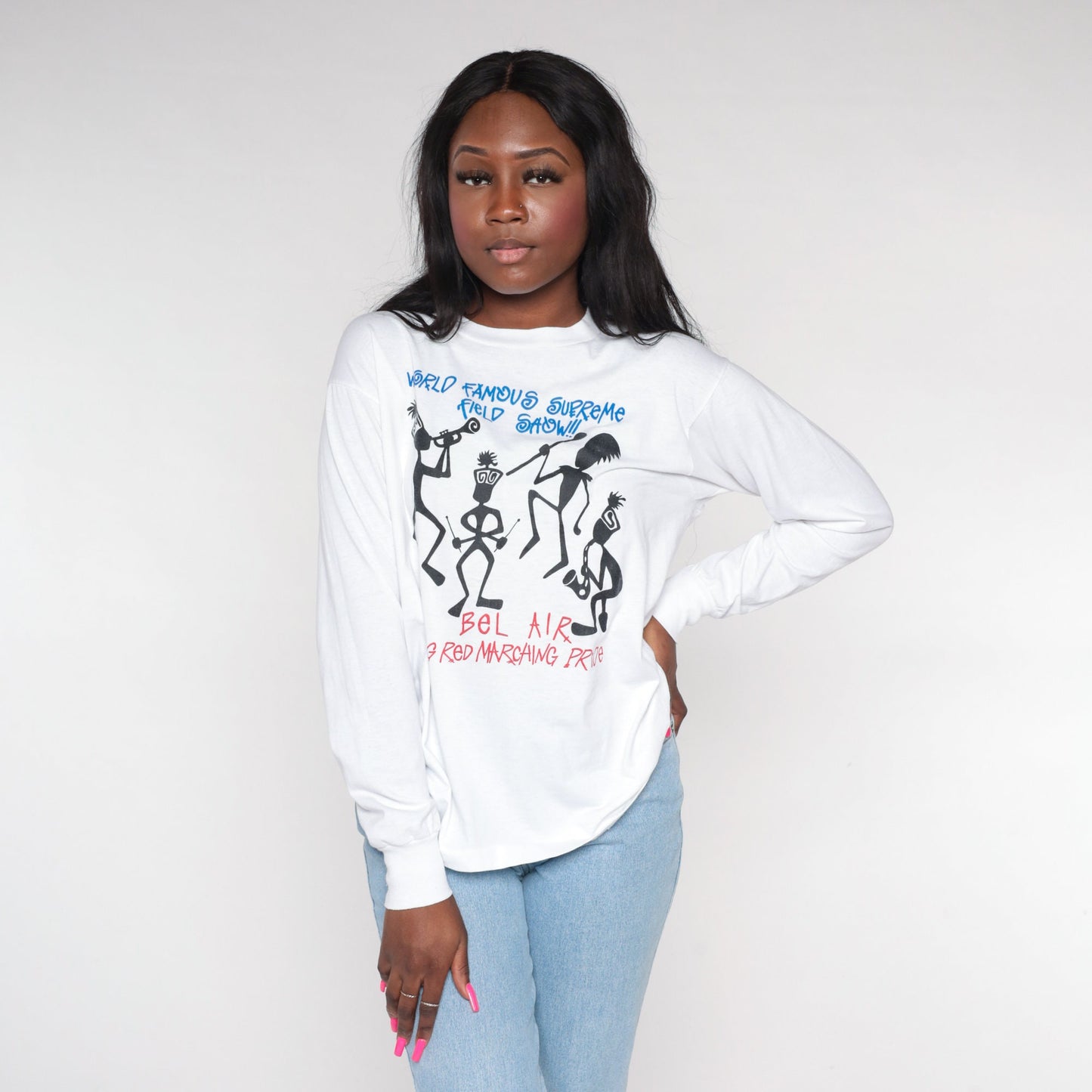 90s Bel Air Marching Band Long Sleeve Graphic Tee White Medium