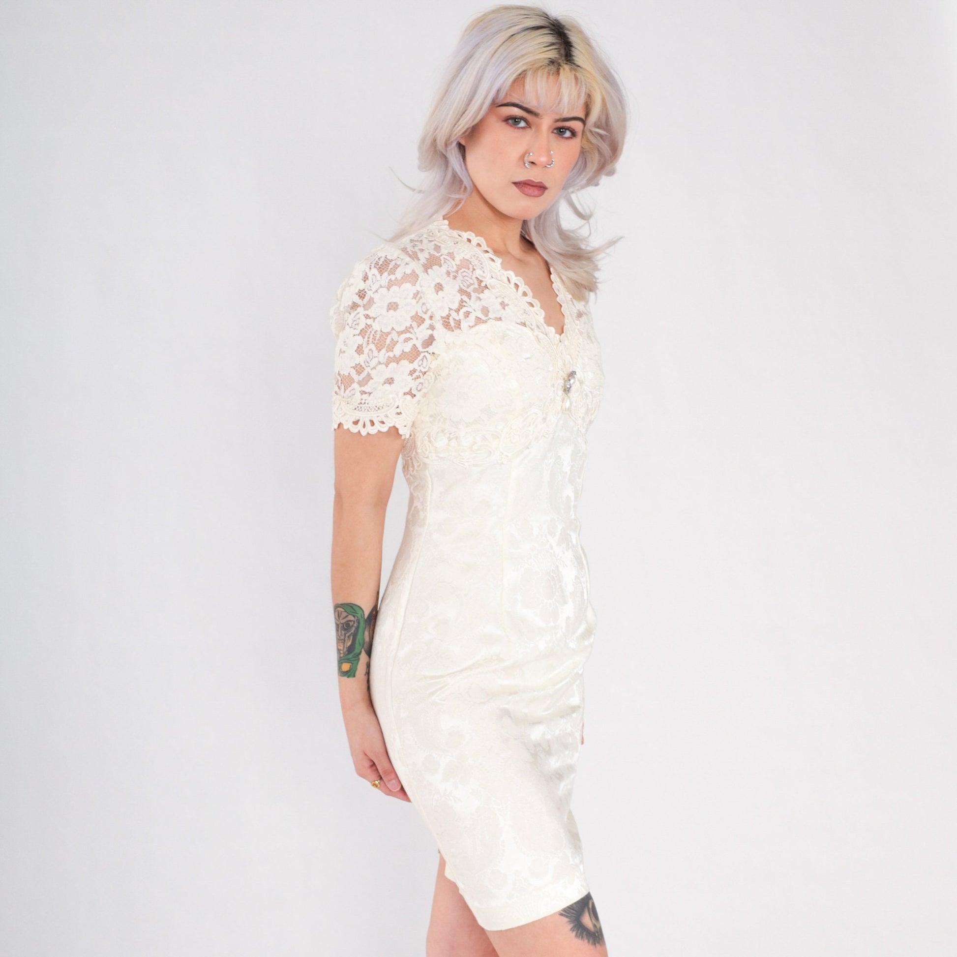 90s Scott McClintock Off-White Brocade Lace Mini Dress Short Sleeve Extra Small
