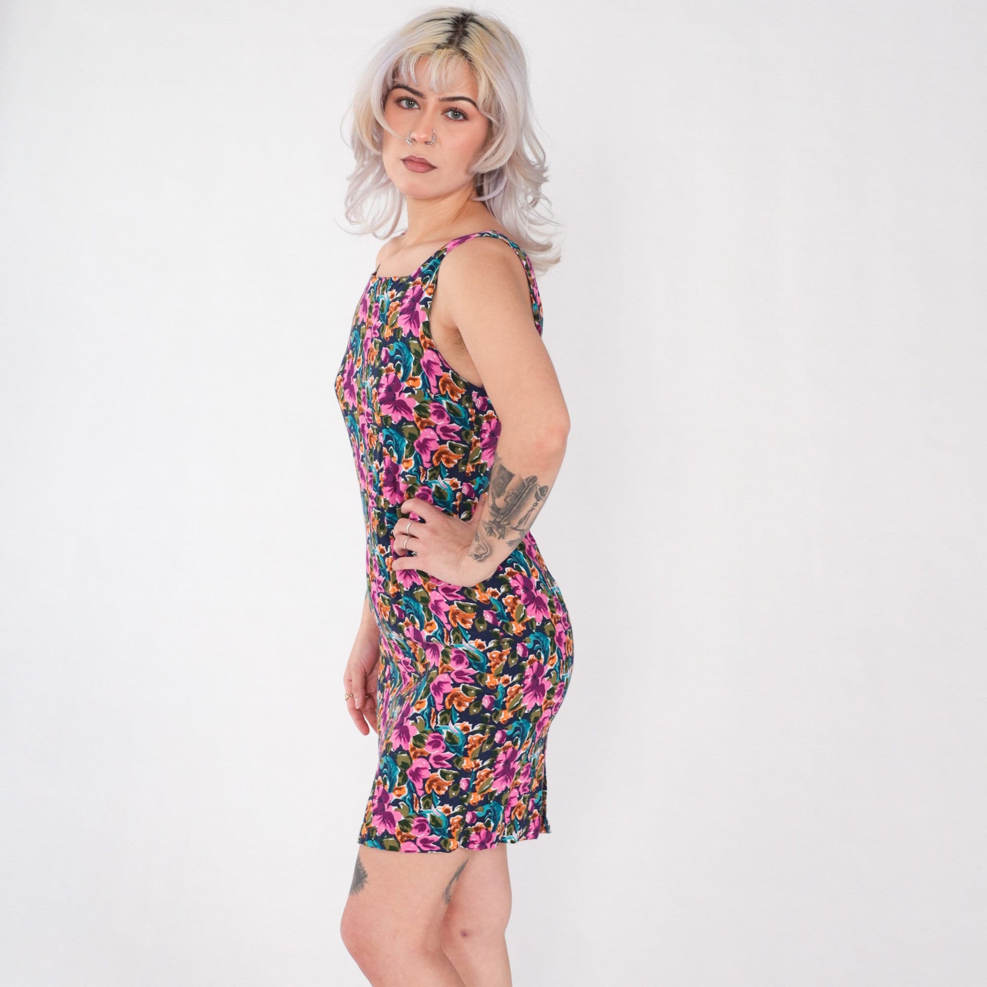 90s Floral Rayon Mini Dress Multicolored Sleeveless Sheath Small S
