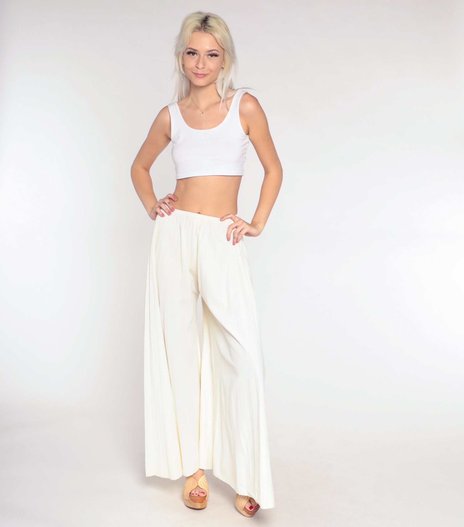 70s Cream Palazzo Pants High Waisted Wide Leg Pleated Bell Bottoms Small