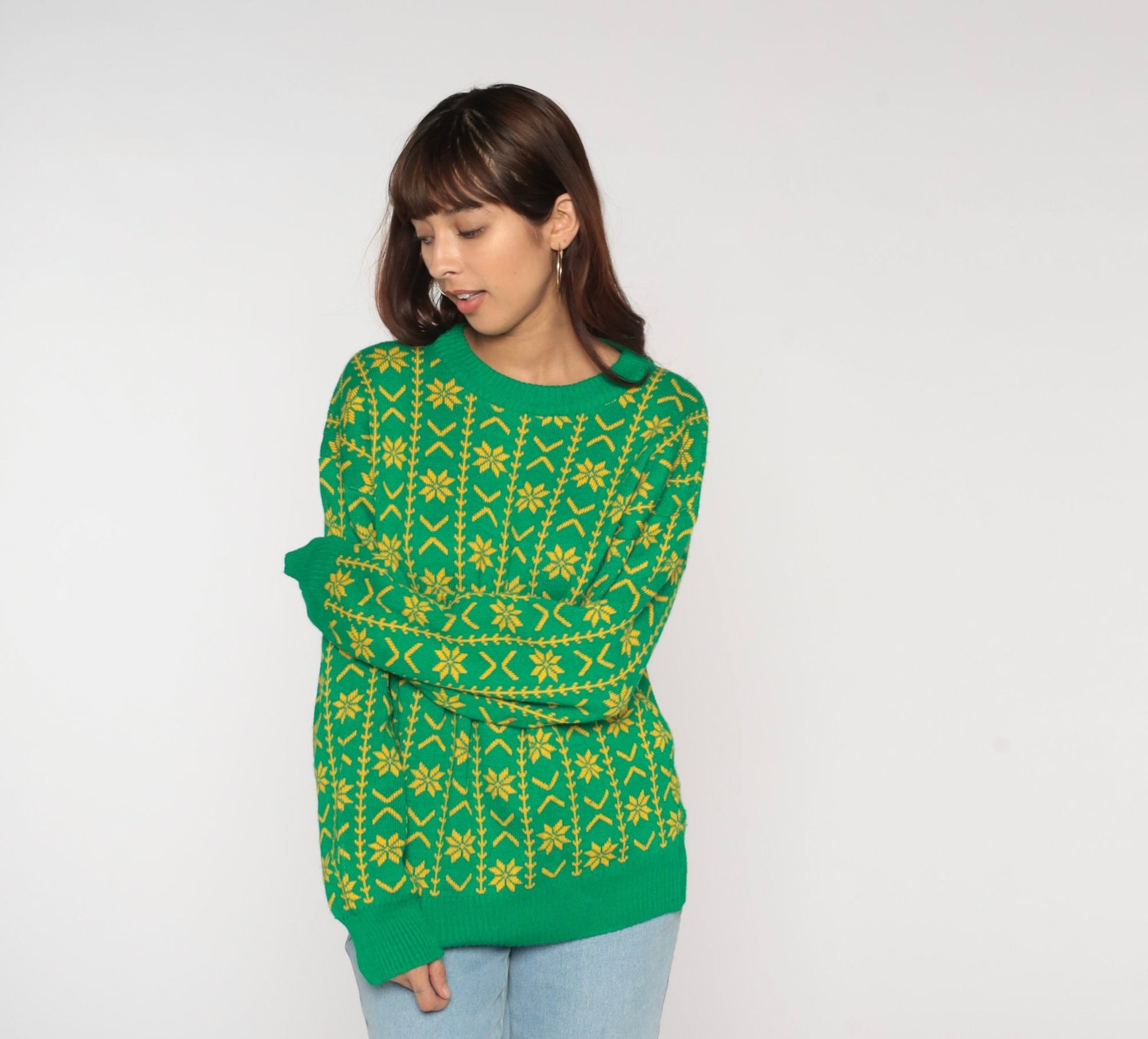 90s Green Fair Isle Snowflake Sweater Yellow Geometric Knit Crewneck Large L