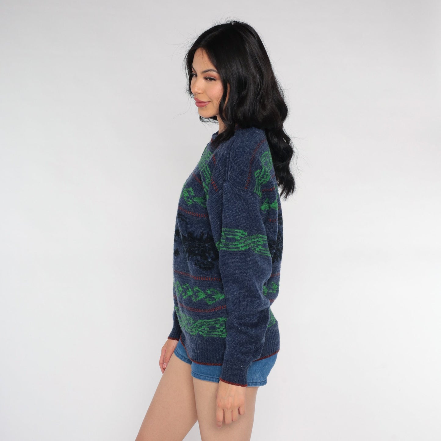 90s Blue Geometric Jacquard Wool Sweater Striped Crewneck Pullover Medium