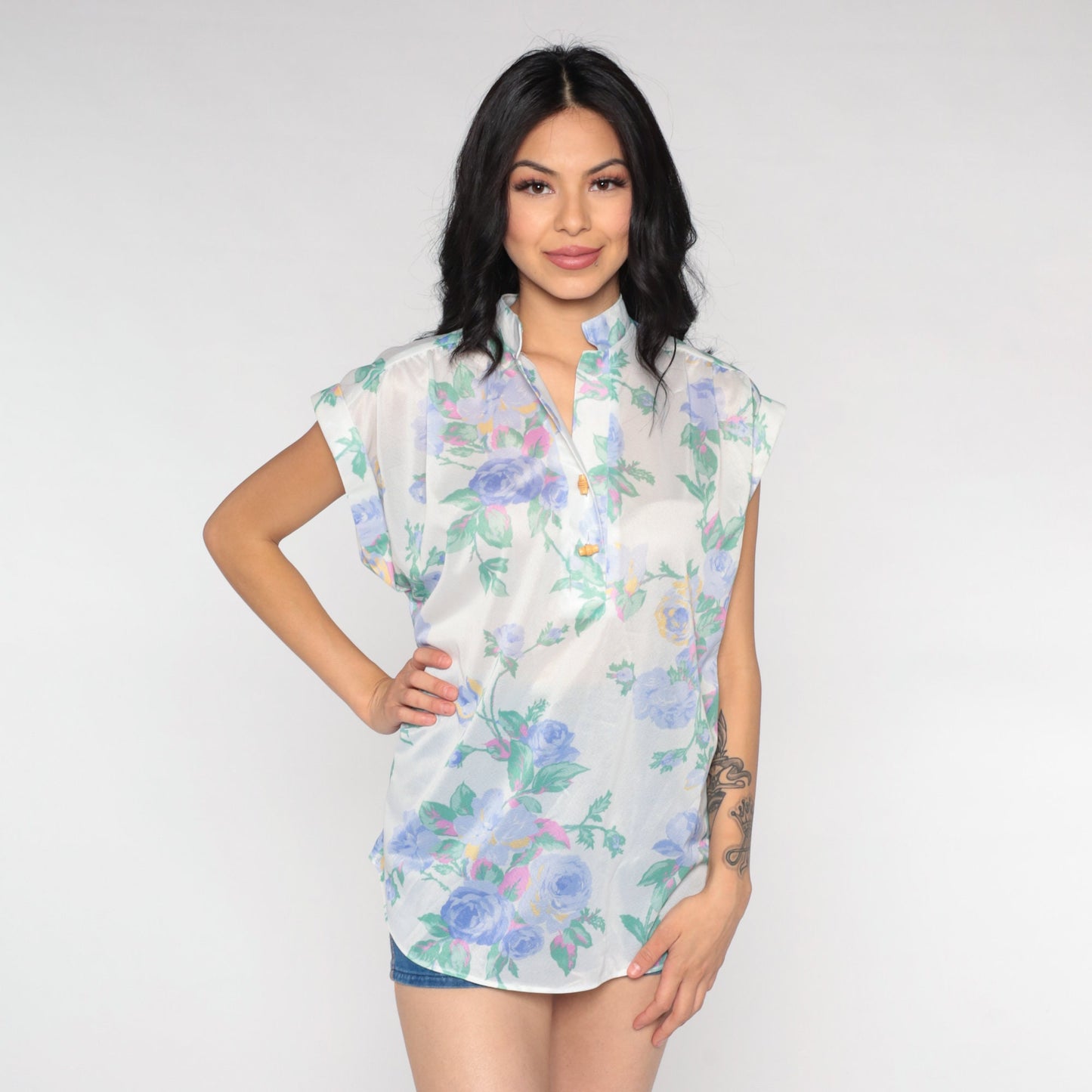 70s Floral Blouse White Semi-Sheer Cap Sleeve Toggle Button Up Medium