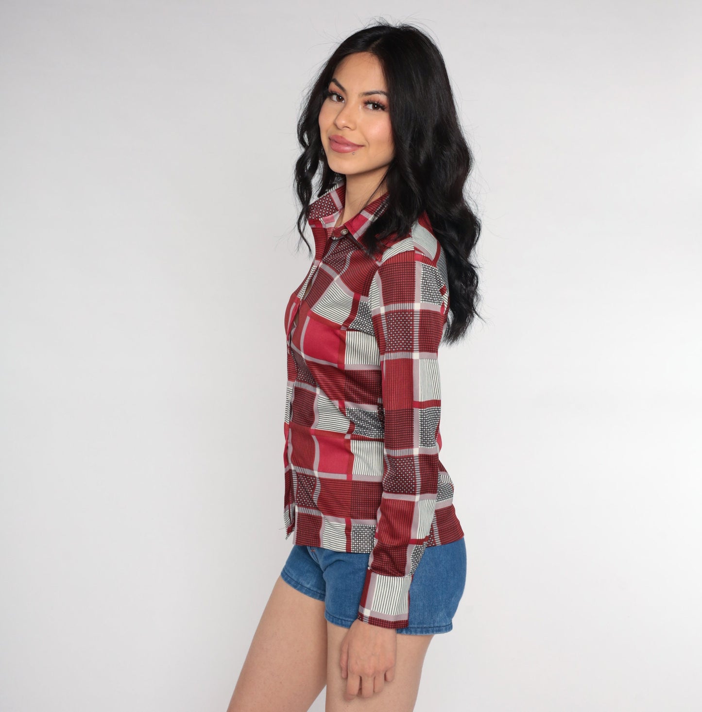 70s Red Checkered Button-Up Blouse Long Sleeve Collar Shirt Small