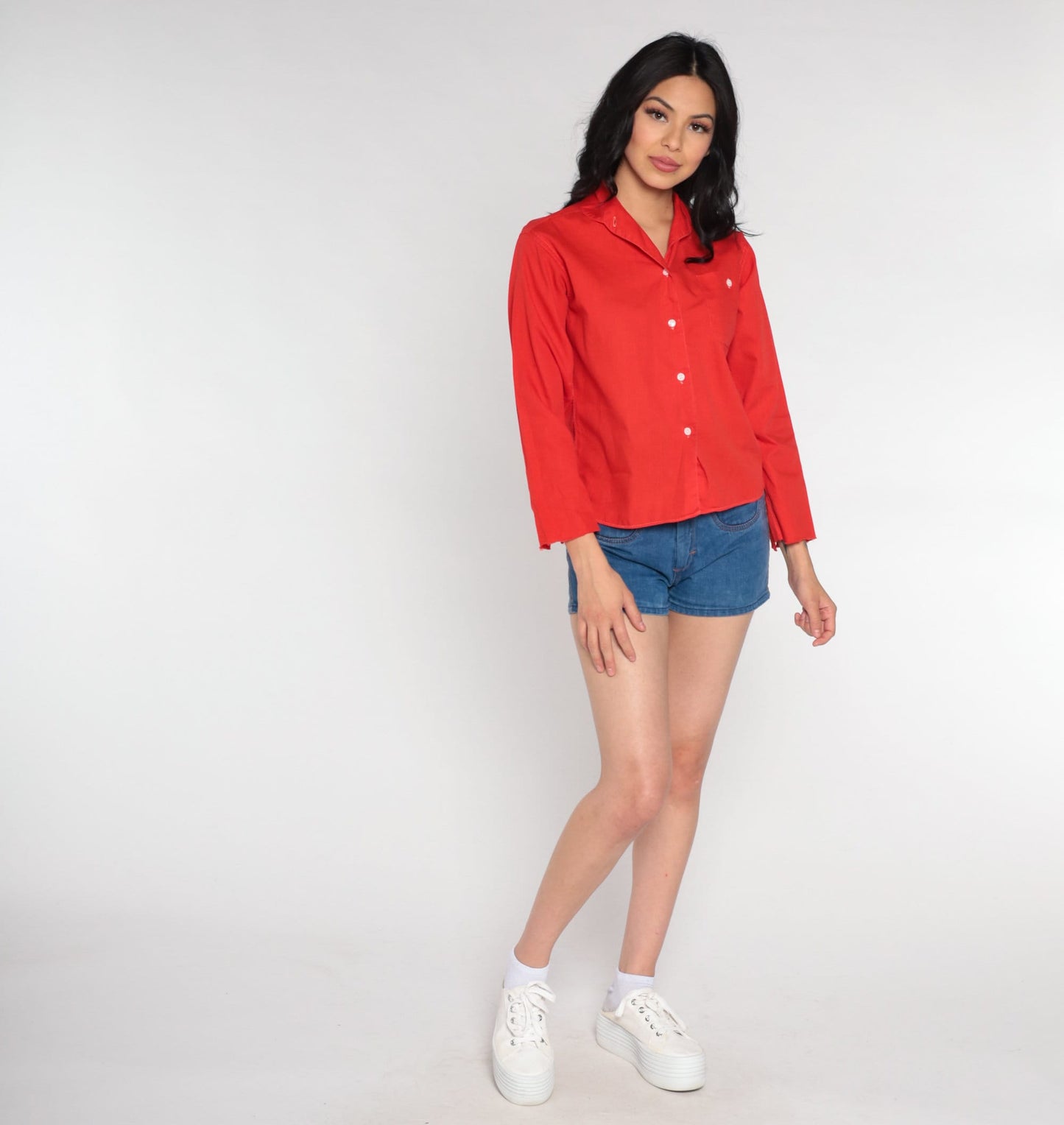 70s Red Cotton Blend Button-Up Shirt Long Sleeve Disco Blouse Small