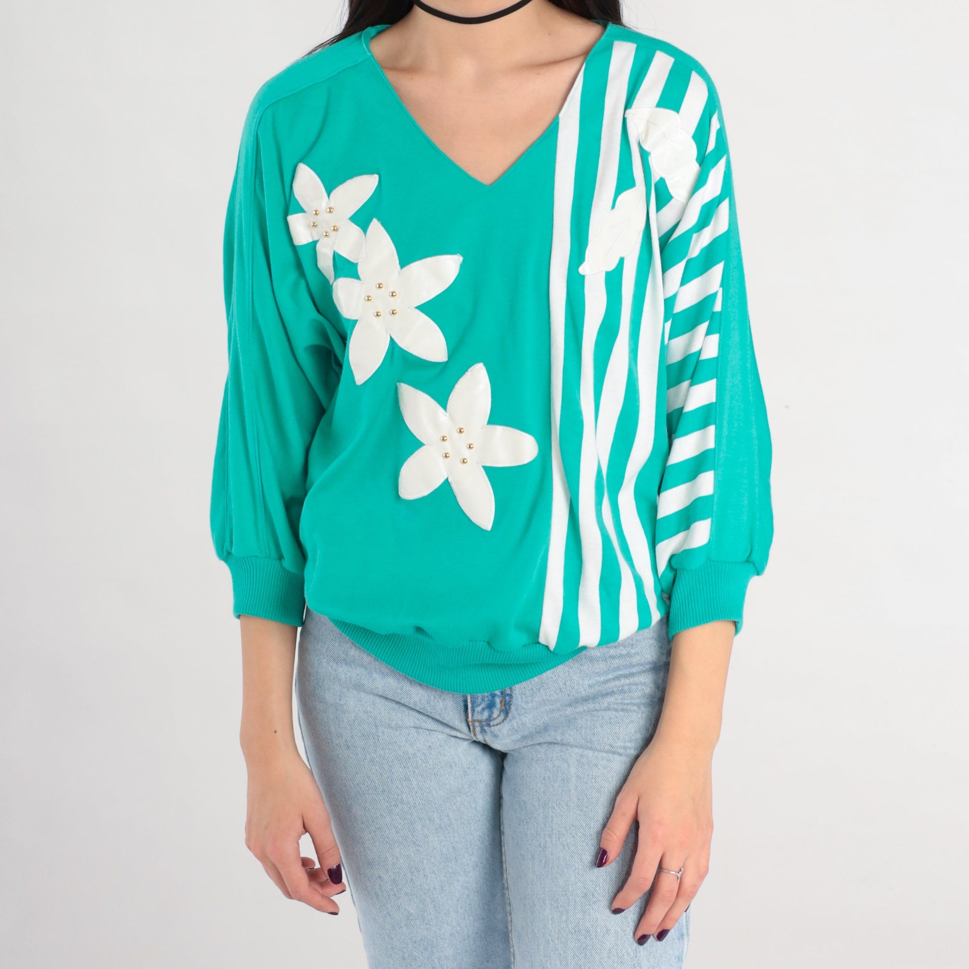 80s Green Floral Studded Striped Blouse V-Neck 3/4 Sleeve Medium