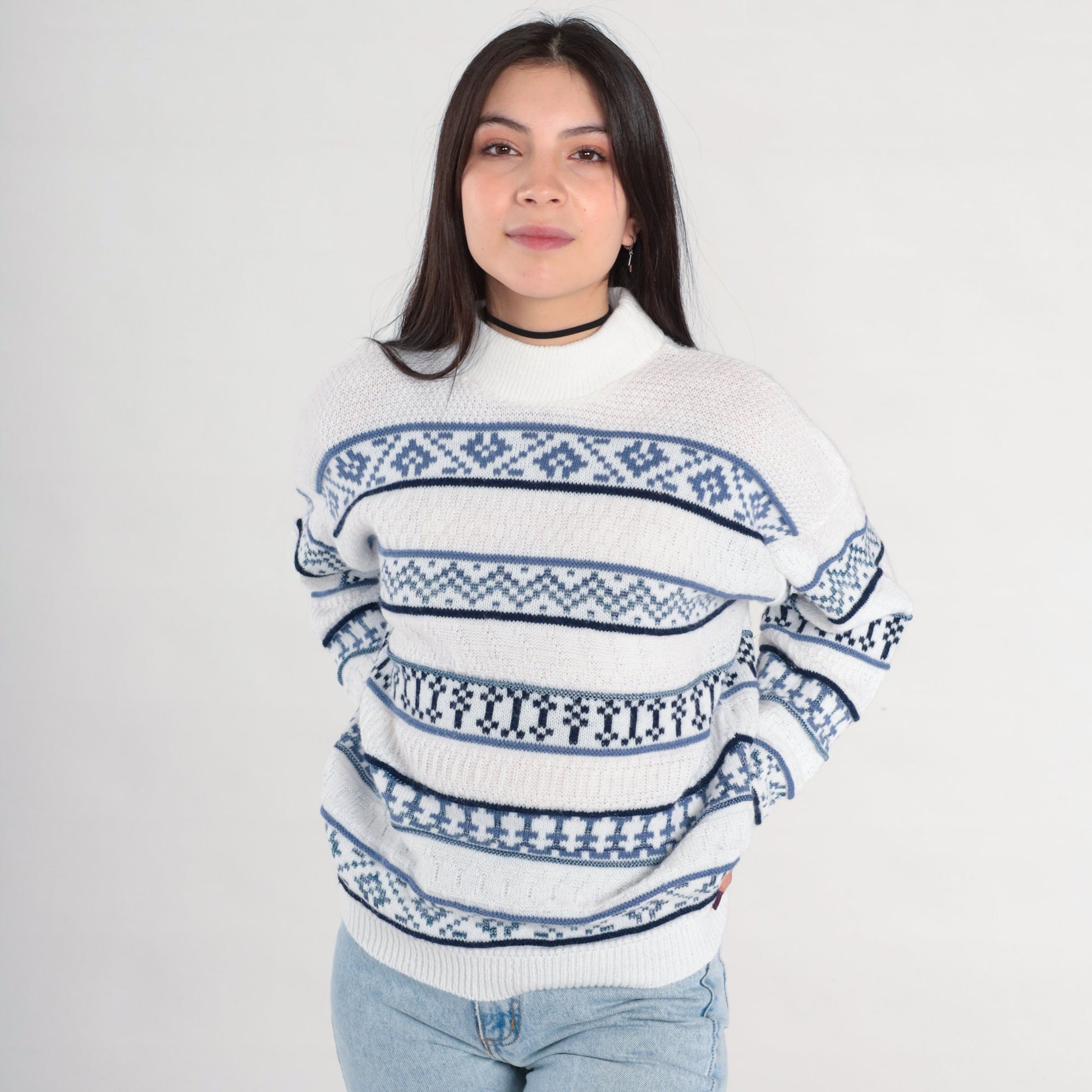 90s Striped Mock Neck Sweater White Blue Knit Pullover Medium M