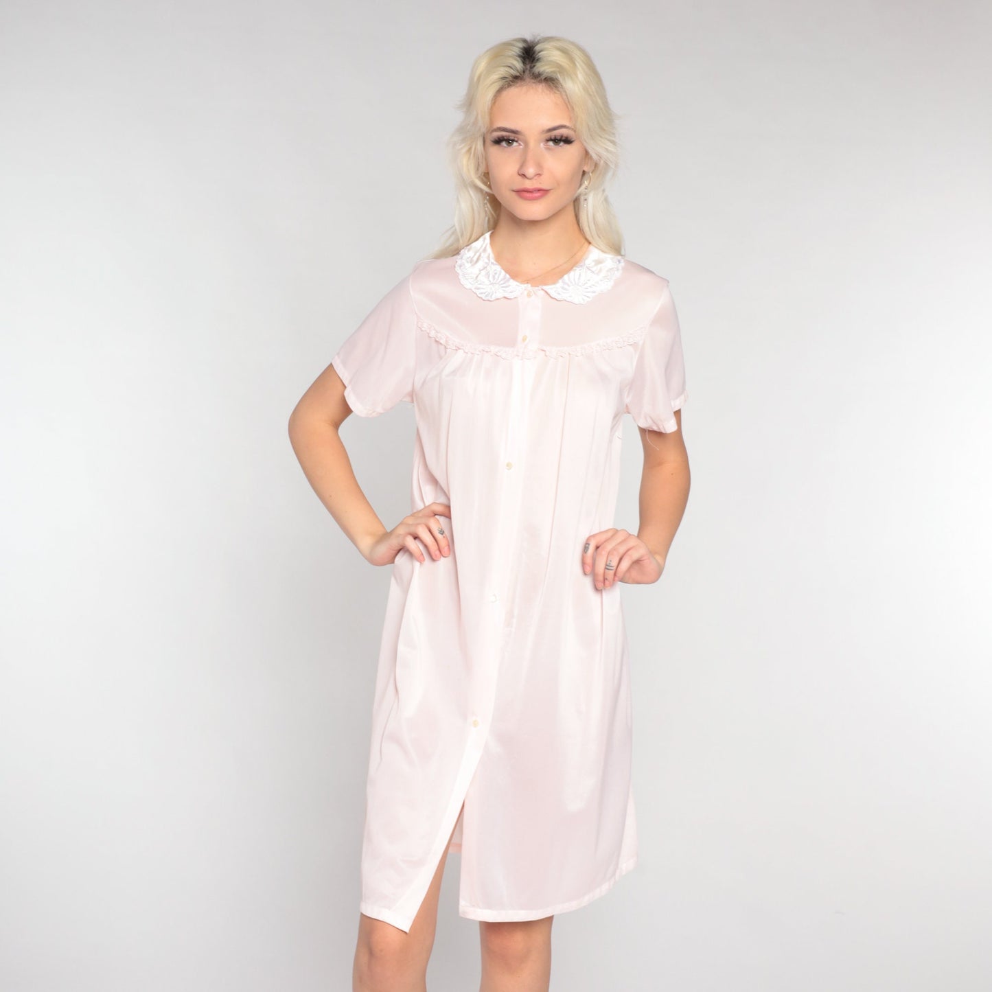 80s Pale Pink Floral Embroidered Nylon Nightgown Collared Mini Dress Medium M