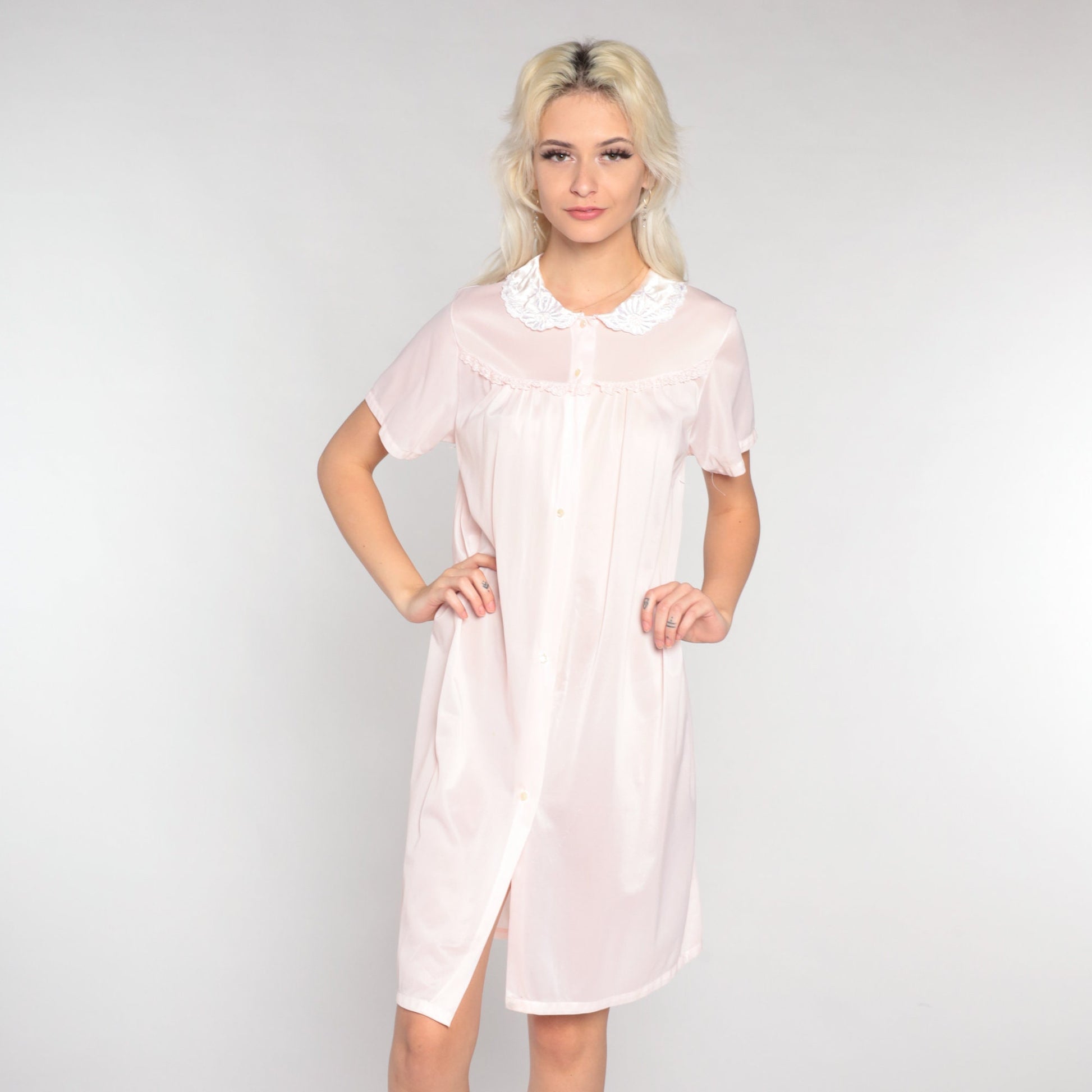 80s Pale Pink Floral Embroidered Nylon Nightgown Collared Mini Dress Medium M