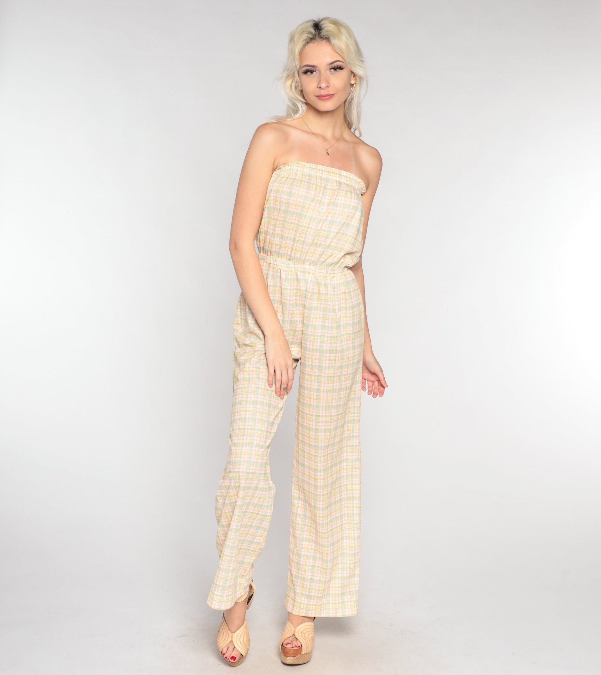 70s Plaid Strapless Jumpsuit Straight Leg High Waist White Yellow Small