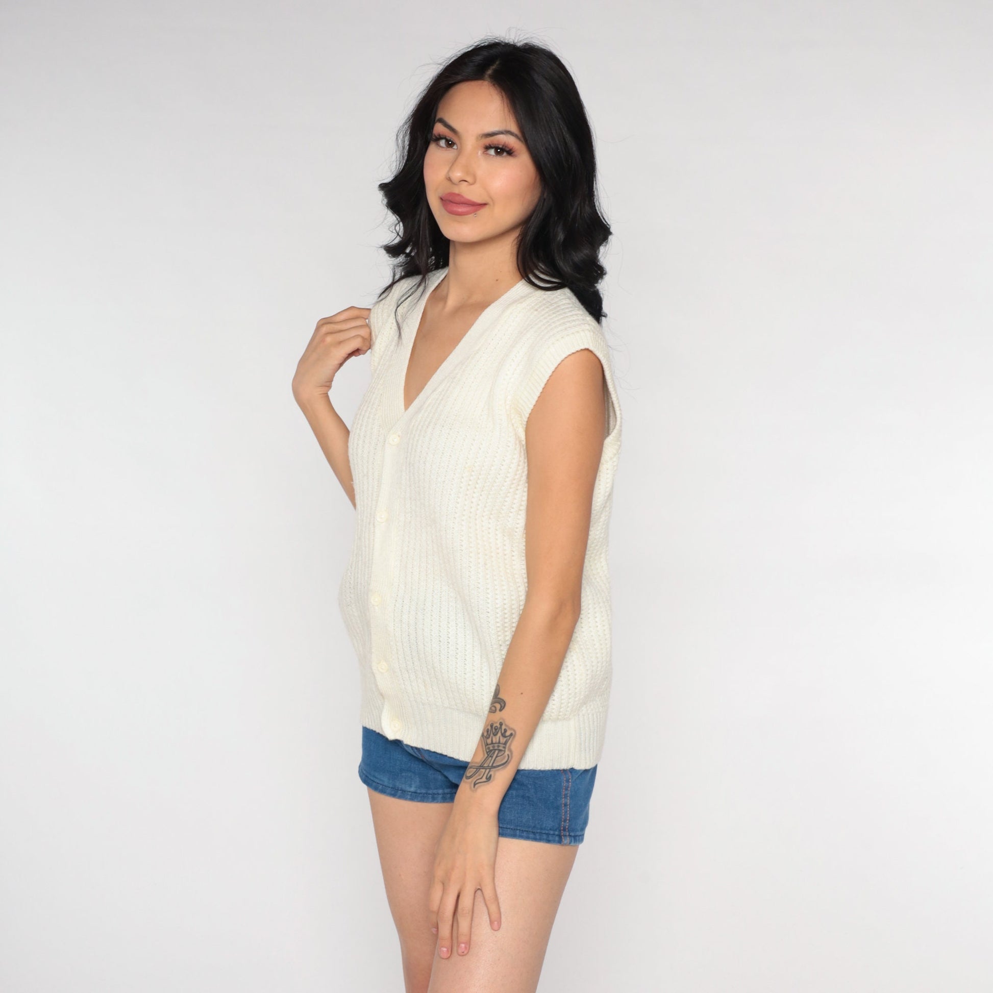 70s Cream Knit Vest Cap Sleeve Button-Up Sweater Tank Small S