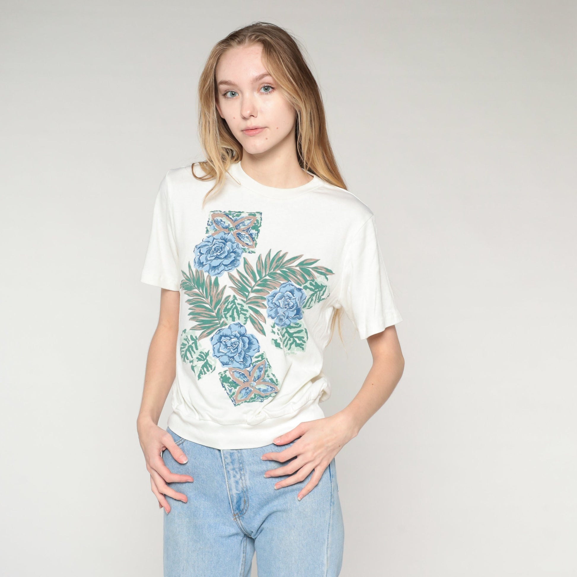 90s Floral Leaf Print T-Shirt White Banded Hem Graphic Tee Medium