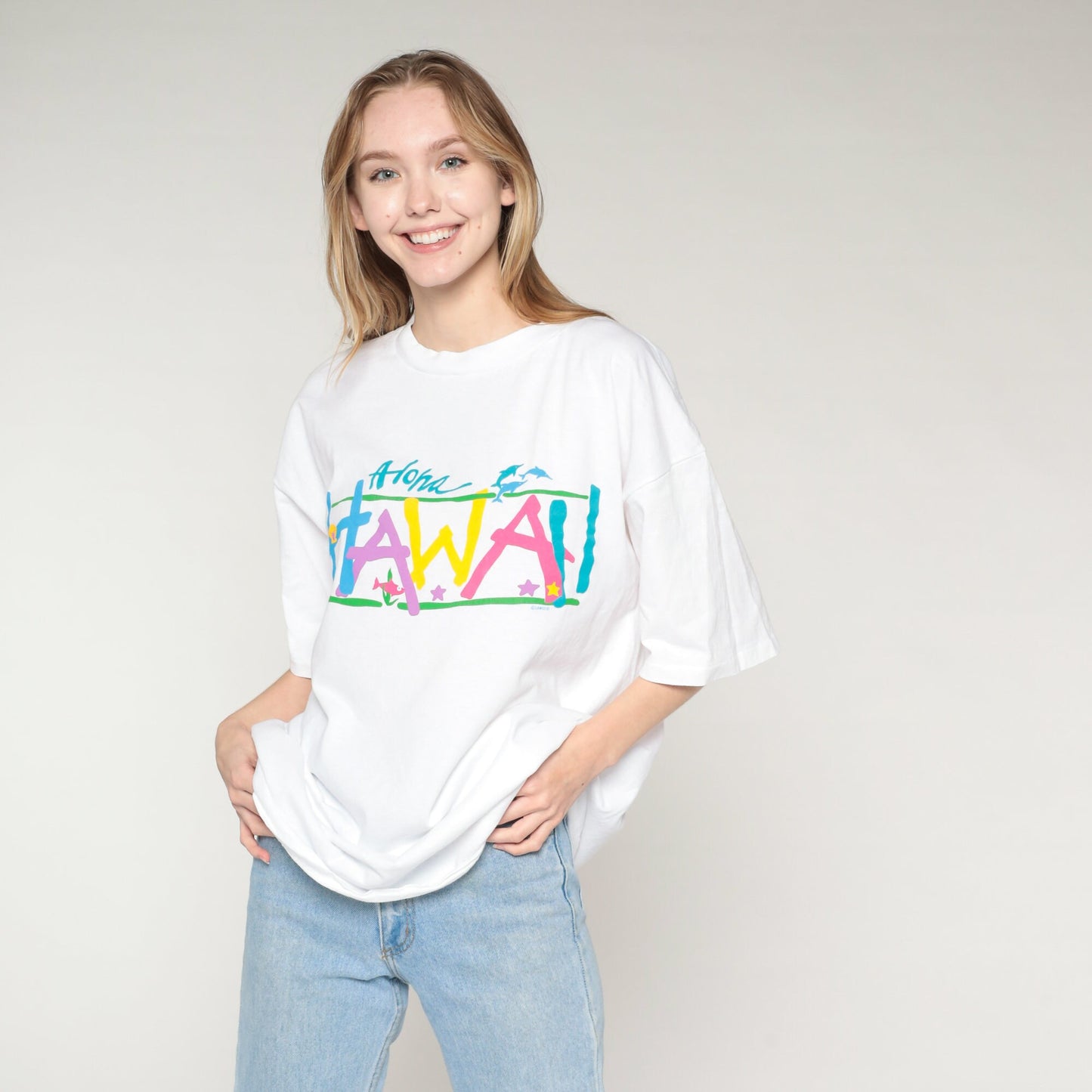 90s Hawaii Aloha Graphic T-Shirt Dolphins Tropical Fish Stars White XL