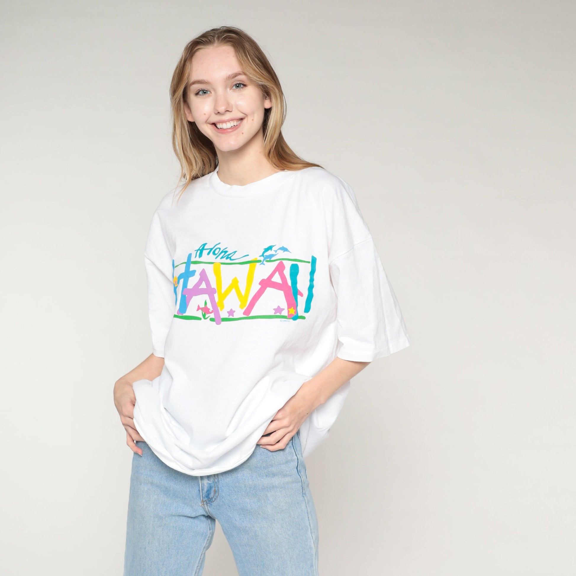 90s Hawaii Aloha Graphic T-Shirt Dolphins Tropical Fish Stars White XL