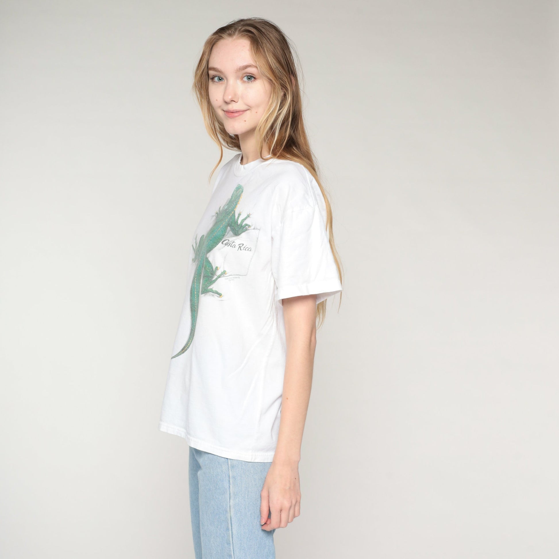 Y2K Costa Rica Iguana Graphic T-Shirt White Cotton Tee Medium