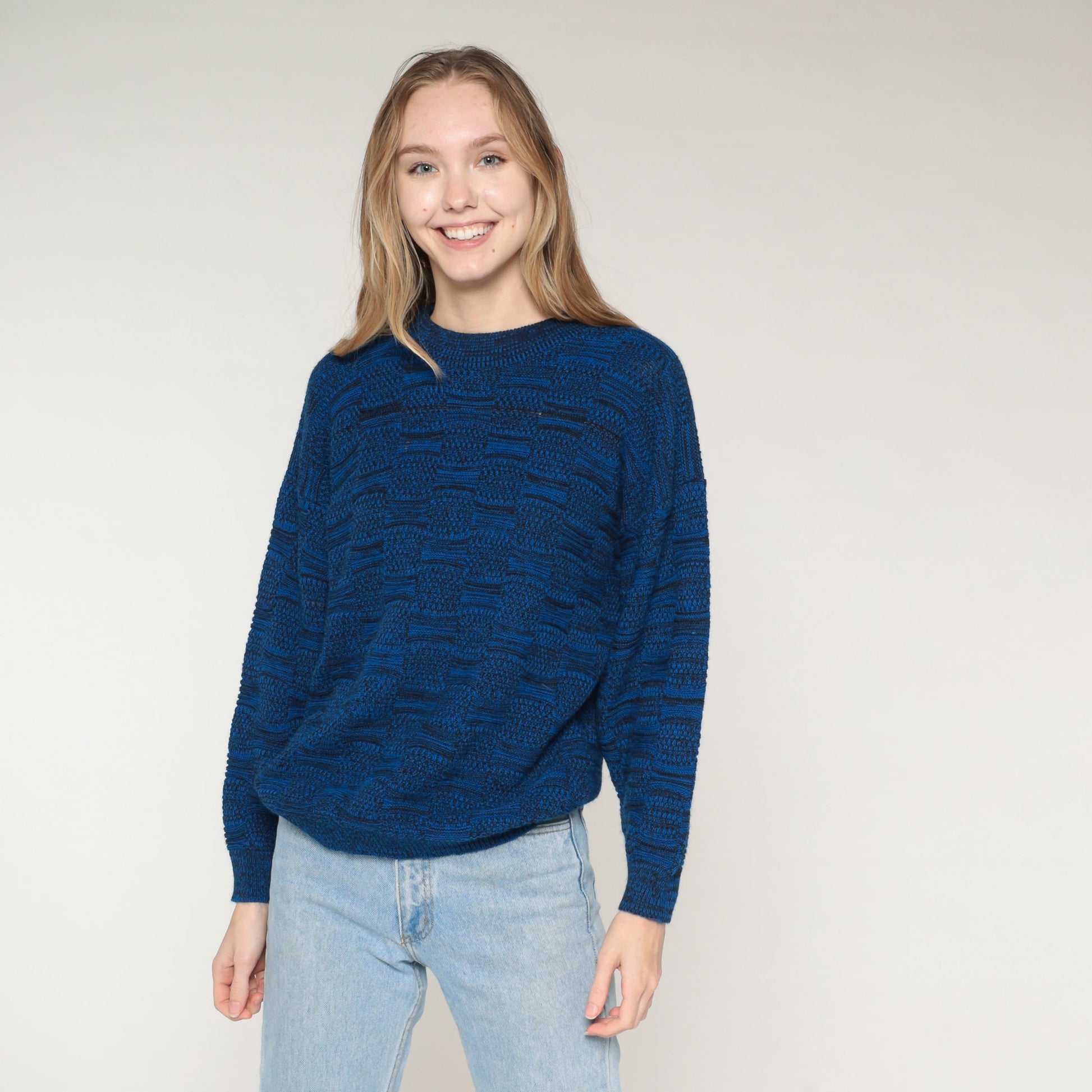 80s Blue Abstract Knit Sweater Crewneck Pullover Medium M
