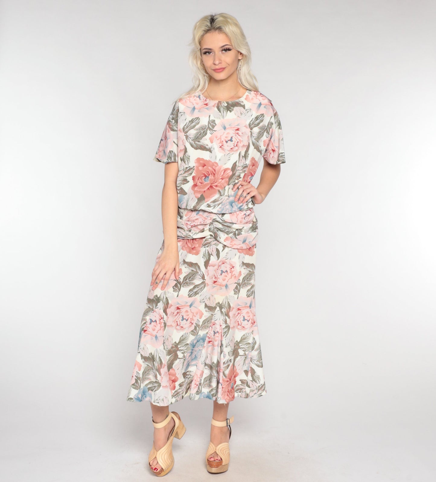90s Floral Maxi Dress Short Sleeve Low Waist Ankle Length Medium Large