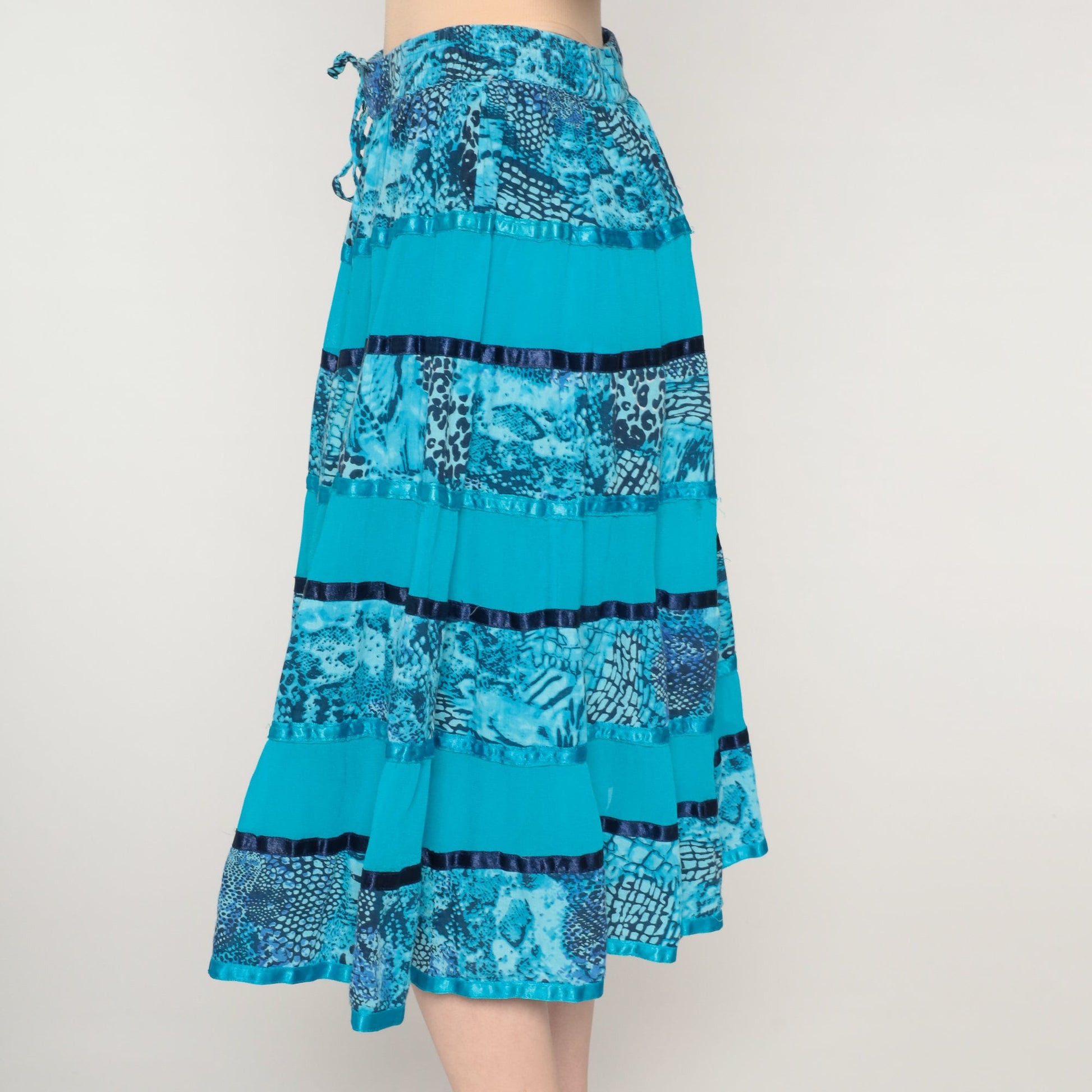 00s Blue Tiered Midi Skirt Animal Print Ribbon Trim Cotton Small