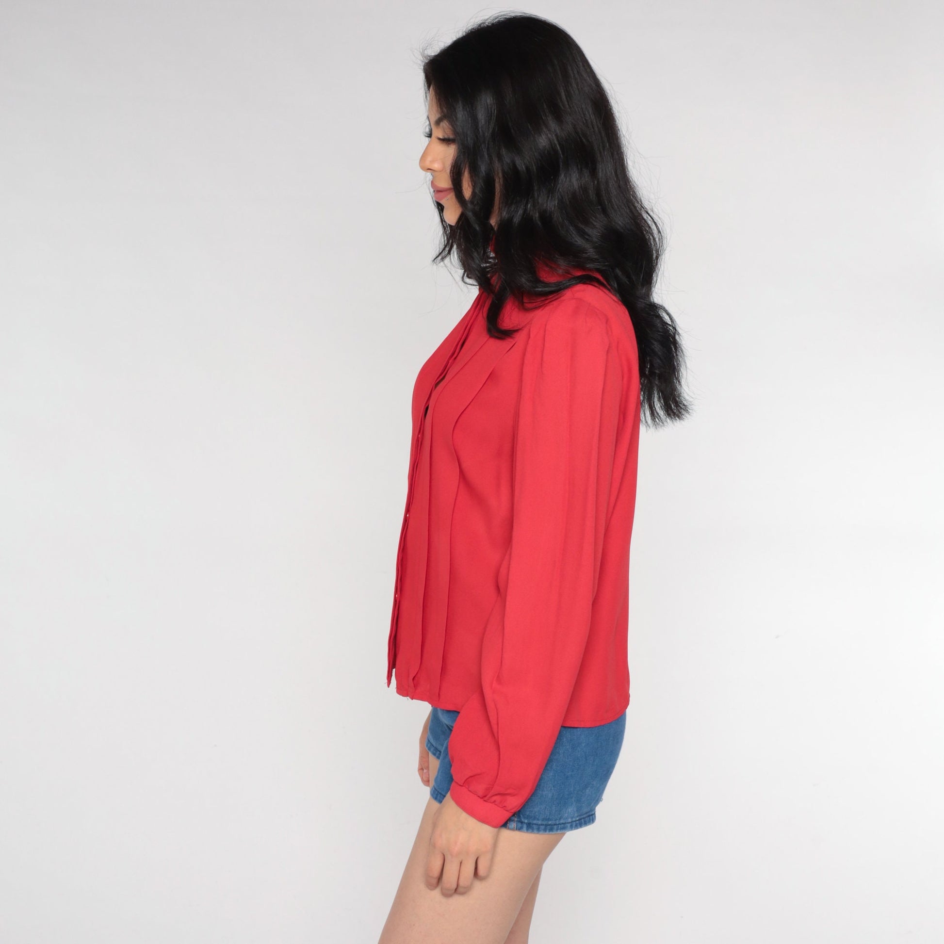 80s Red Puff Sleeve Blouse High Ruffled Neck Pleated Secretary Top Medium