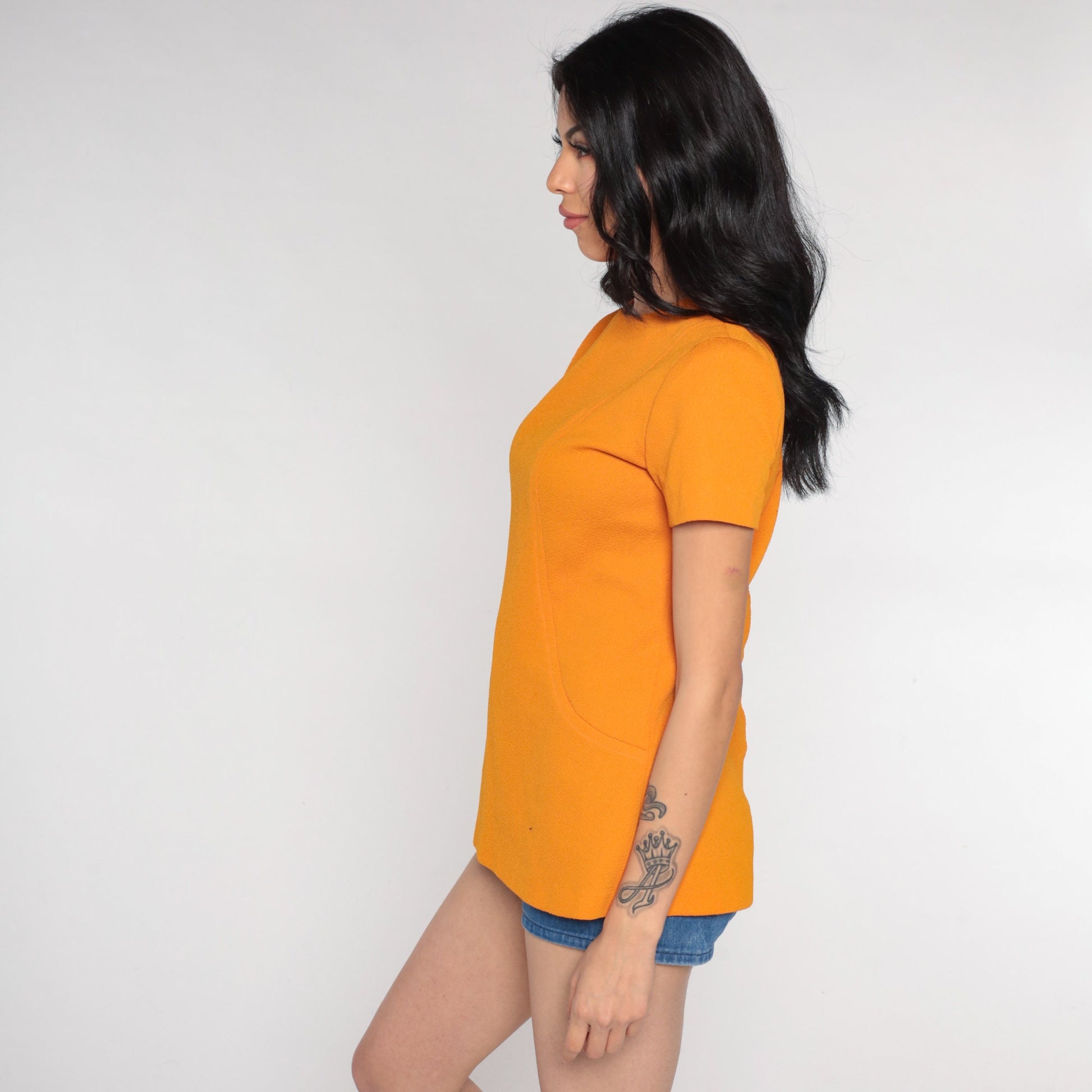 70s Orange Short Sleeve Shirt Rear Zipper Blouse Small
