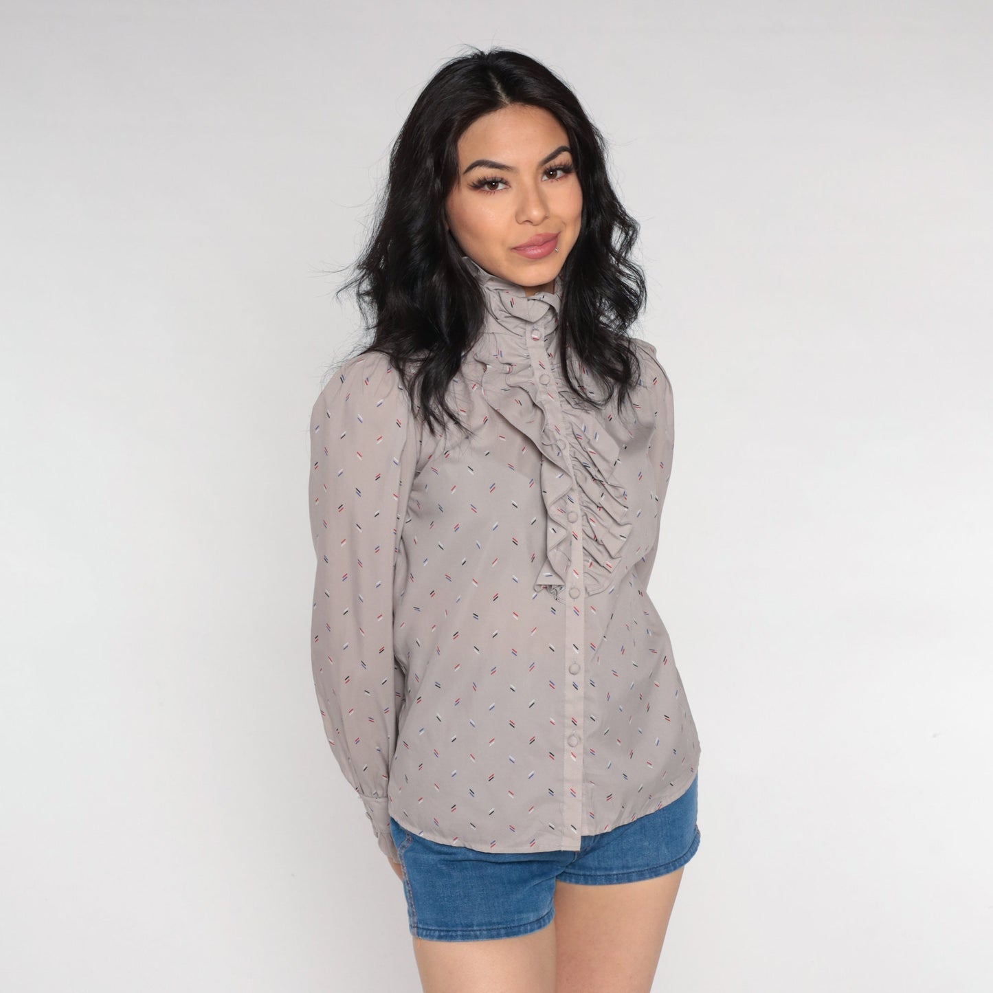 80s Grey Ruffle Neck Puff Sleeve Button-Up Blouse Confetti Stripe Small