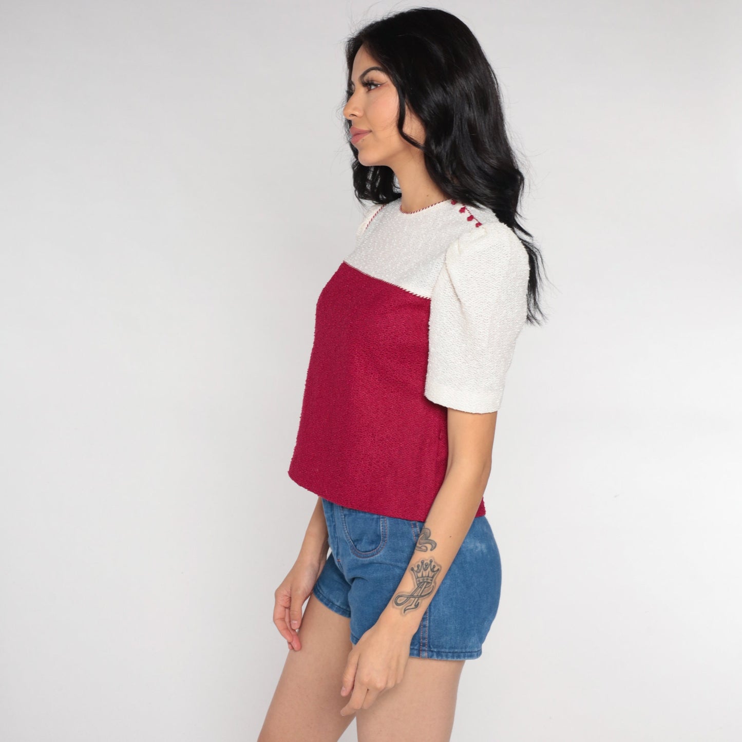 80s Raspberry White Color Block Knit Puff Sleeve Top Extra Small