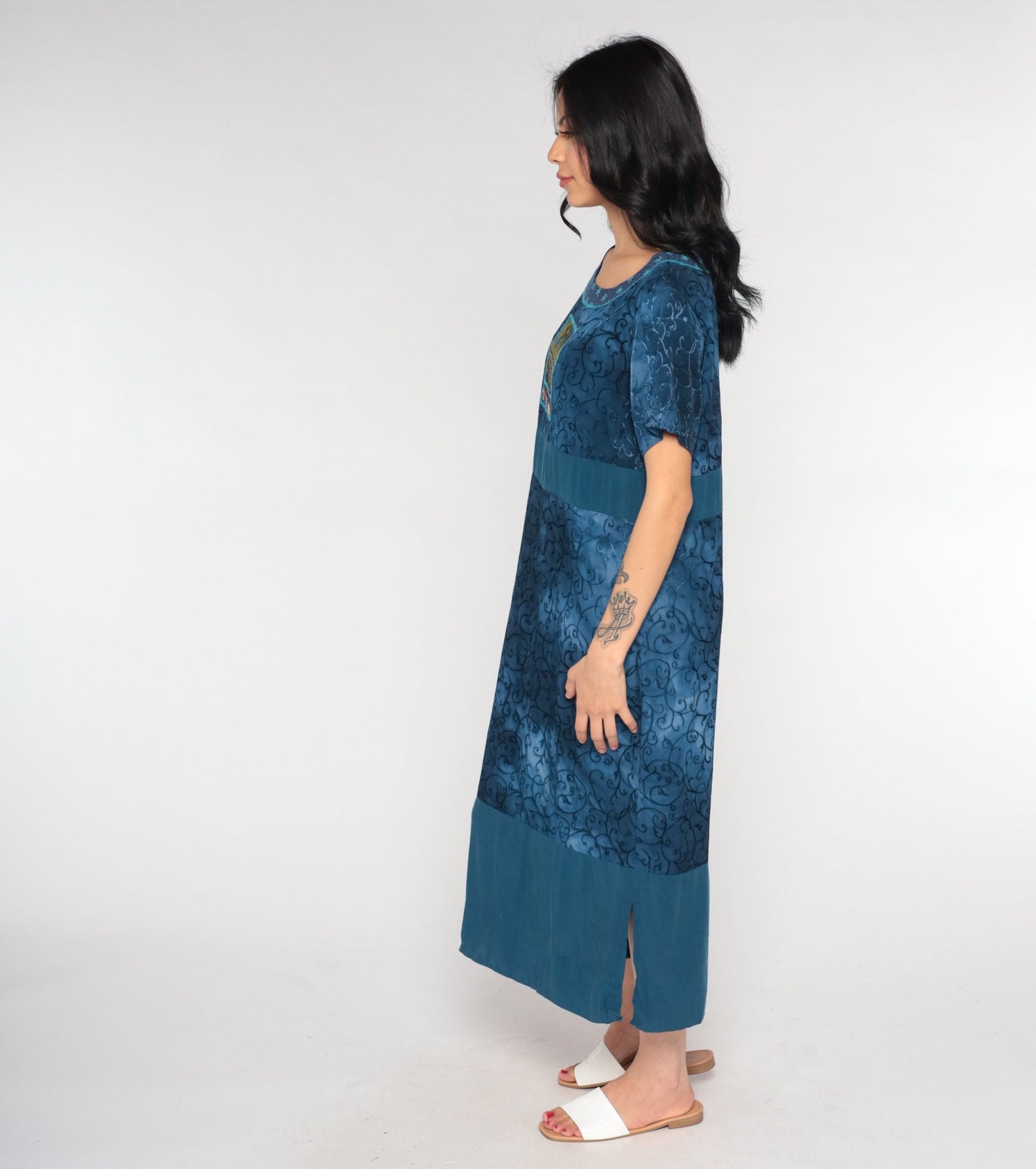 00s Dark Blue Vine Print Midi Dress Geometric Patch Side Slit Small S