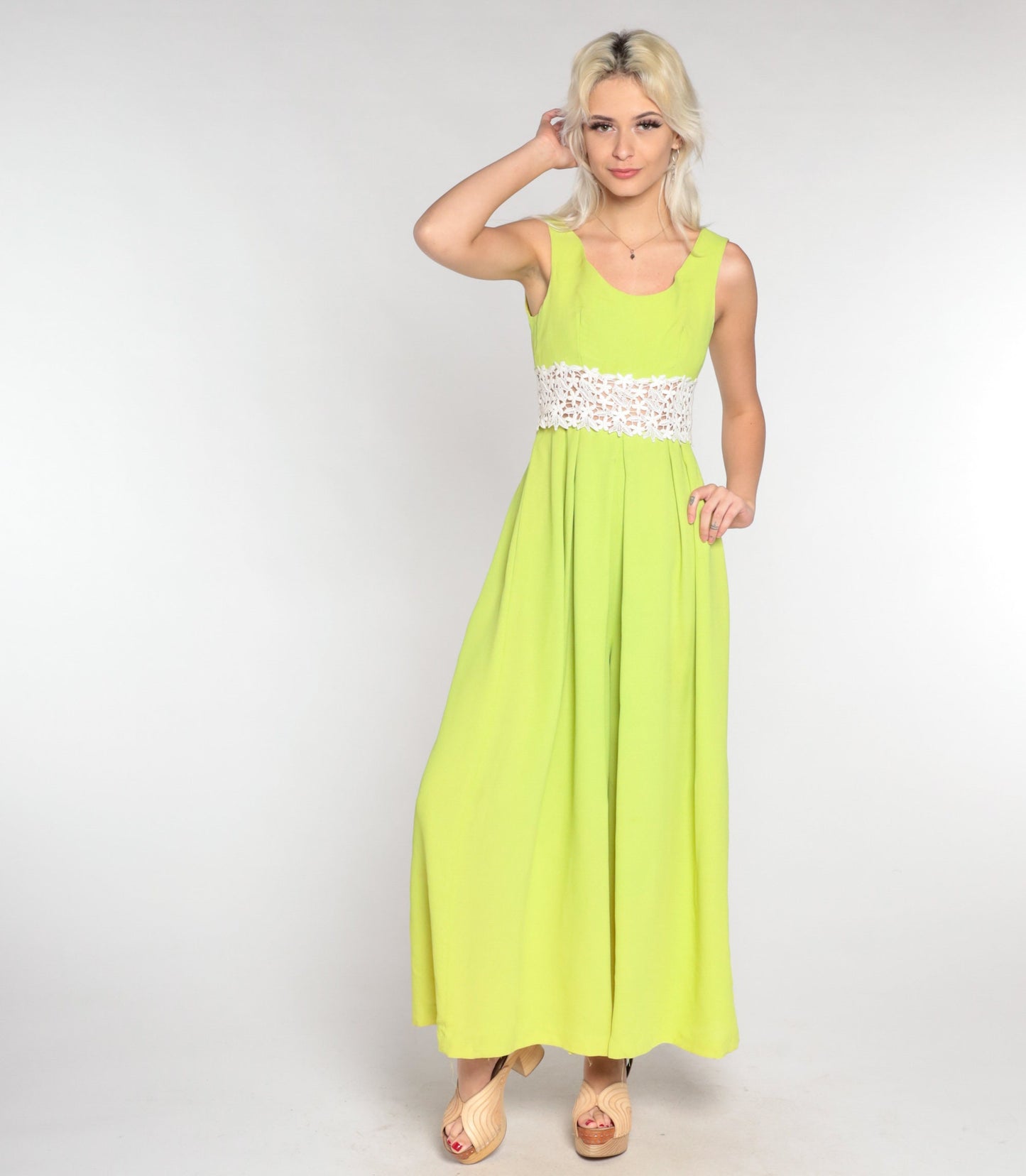 70s Lime Green Jumpsuit Wide Leg Floral Crochet Sleeveless Small