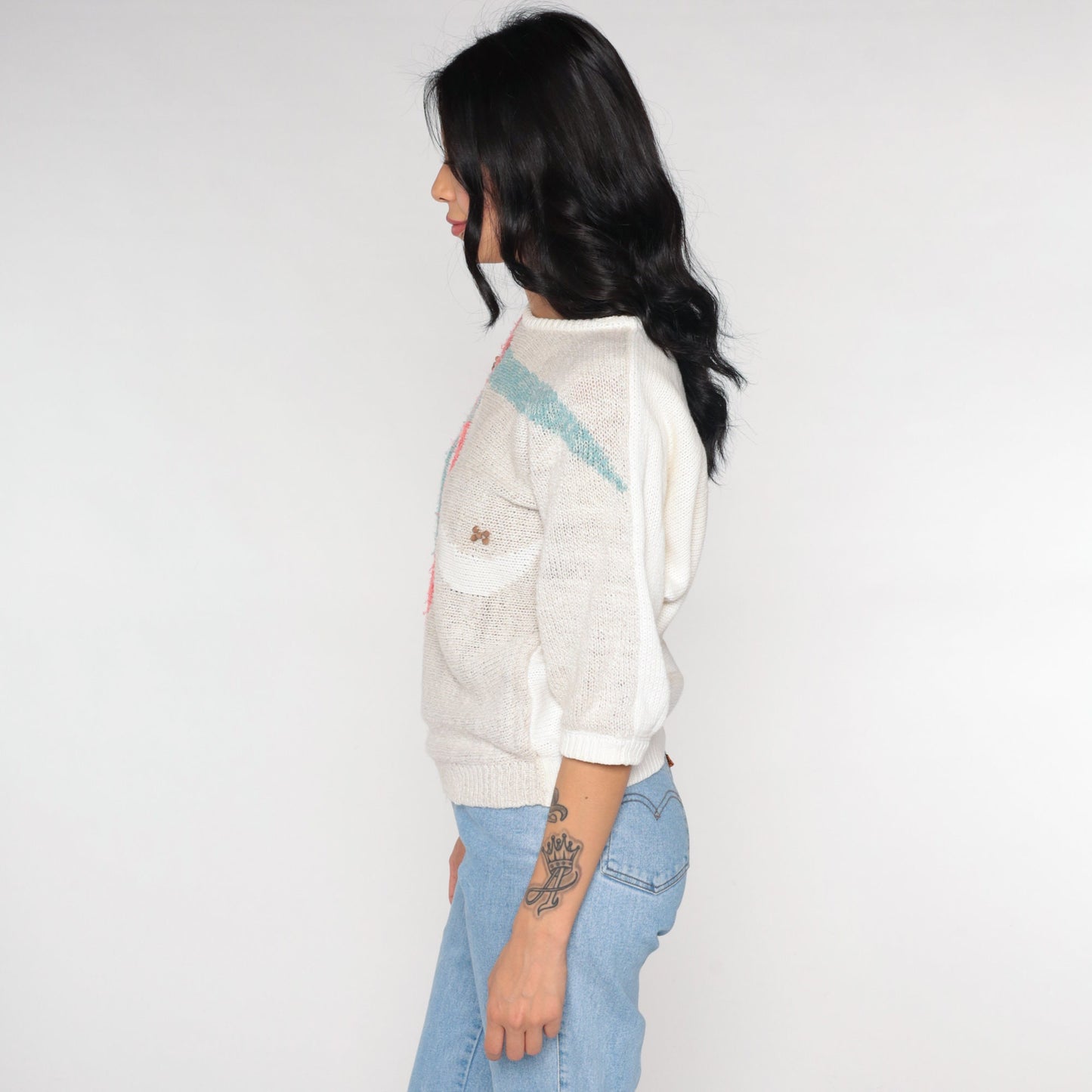 90s Koret Beaded Floral Knit Top Short Sleeve White Small