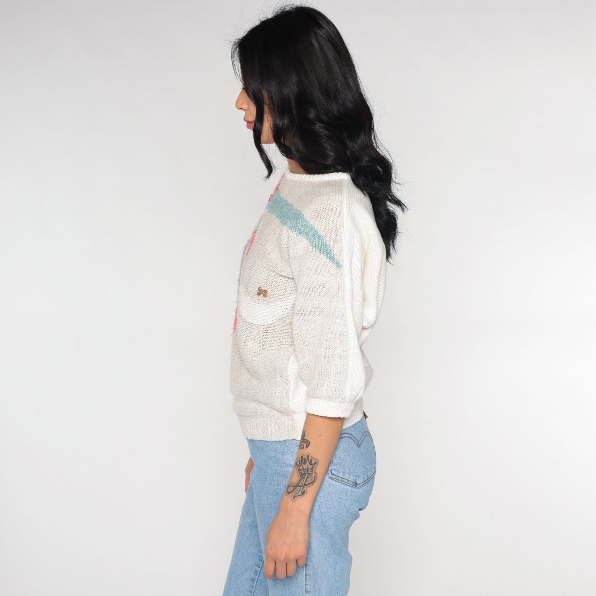 90s Koret Beaded Floral Knit Top Short Sleeve White Small