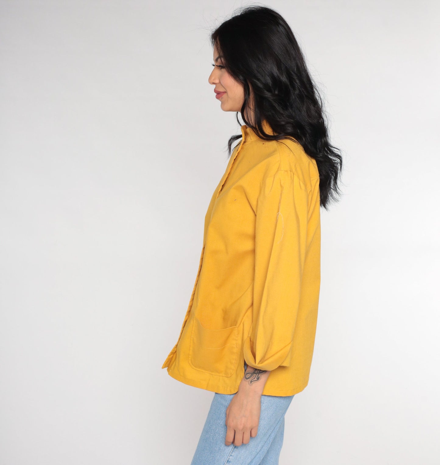 80s Yellow Cotton Blend Button-Up Blouse Long Sleeve Oxford Shirt Medium