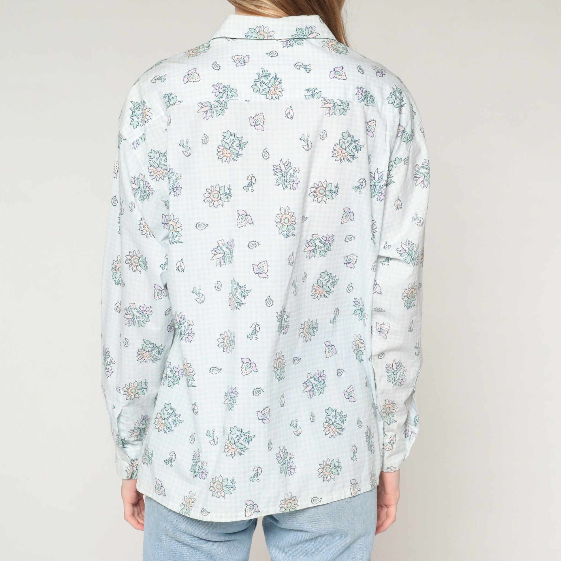 80s Levi Travellers Checkered Floral Button-Up Blouse Light Blue White Medium